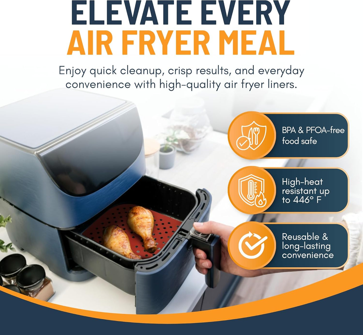 Linda’s Essentials Reusable Square Silicone Air Fryer Liners - Non-Stick, Easy-Clean | 8.5 Inch, 3 Pack with Cheat Sheet & Recipe Book