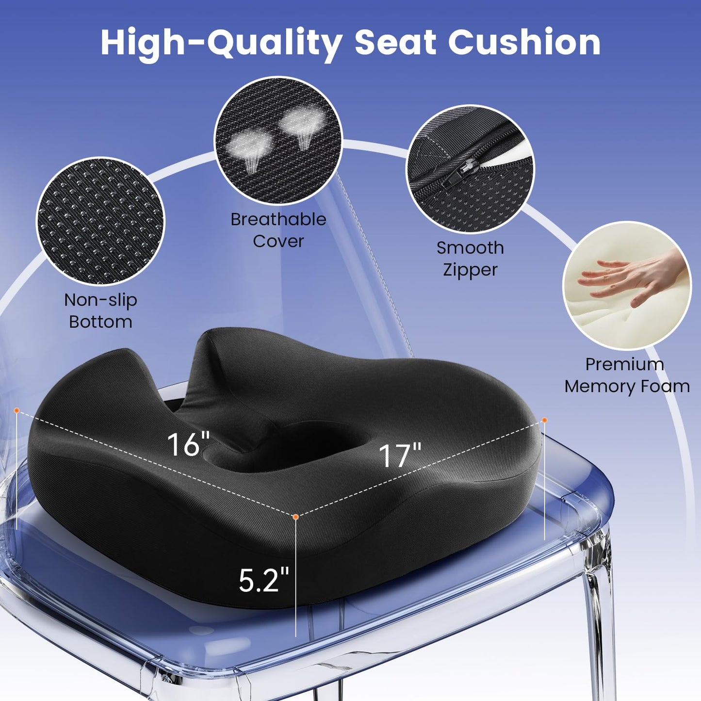 Juuwan Donut Pillow Seat Cushion for Tailbone Pain Relief and Hemorrhoid – Memory Foam Ergonomic Office Chair Cushion for Home, Office, Car, Gaming, Pregnancy,– Comfortable, Breathable, and Washable