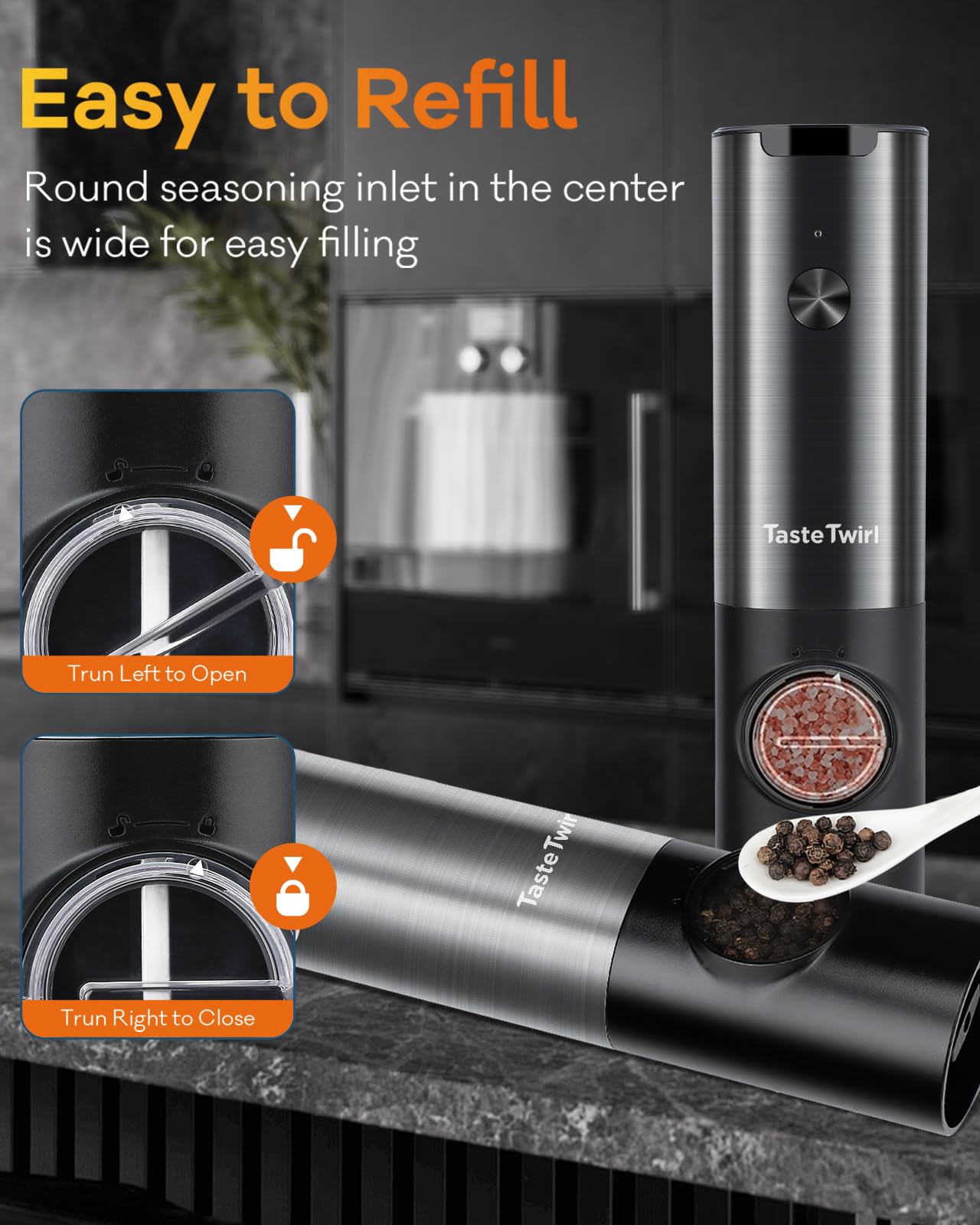 Electric Salt and Pepper Grinder Set, USB Rechargeable Stand, Automatic Salt Pepper Shakers Refillable, Spice Mill for Kitchen, One Hand Operation, Adjustable Coarseness, LED Light