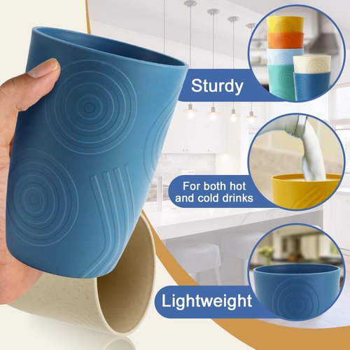 BUSOKIP Wheat Straw Cups 16 OZ, Plastic Drinking Glasses, Drinking Cup, Unbreakable Kitchen Cups Sets of 6, Microwave & Dishwasher Safe Water Glasses, Reusable Plastic Cup for Party (Multicolor)