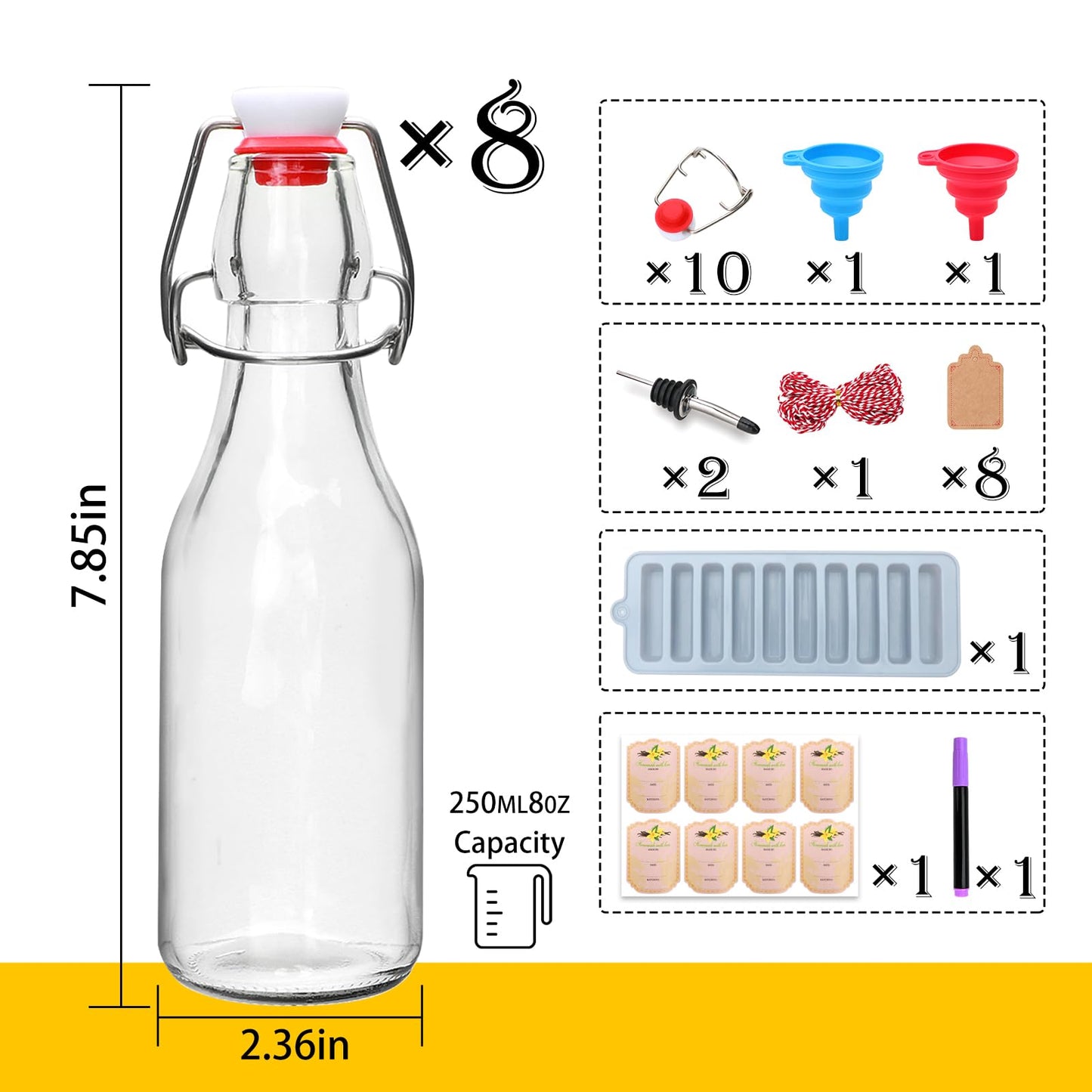 Brajttt 8 Set,8oz Flip Top Glass Bottle,Kombucha Bottles with Airtight Lid,Coquito Swing Top Glass Bottles with Lid for Oil, Beer, Soda Water, Vinegar, Lemonade, Juice, Honey, DIY Storage Containers