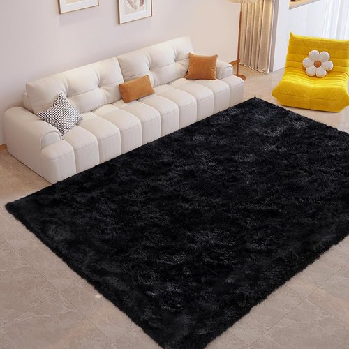 FinRèc Soft Black Area Rug - Modern Fluffy Shaggy Design for Bedroom & Living Room | 4x6 Feet Non-Slip Furry Carpet