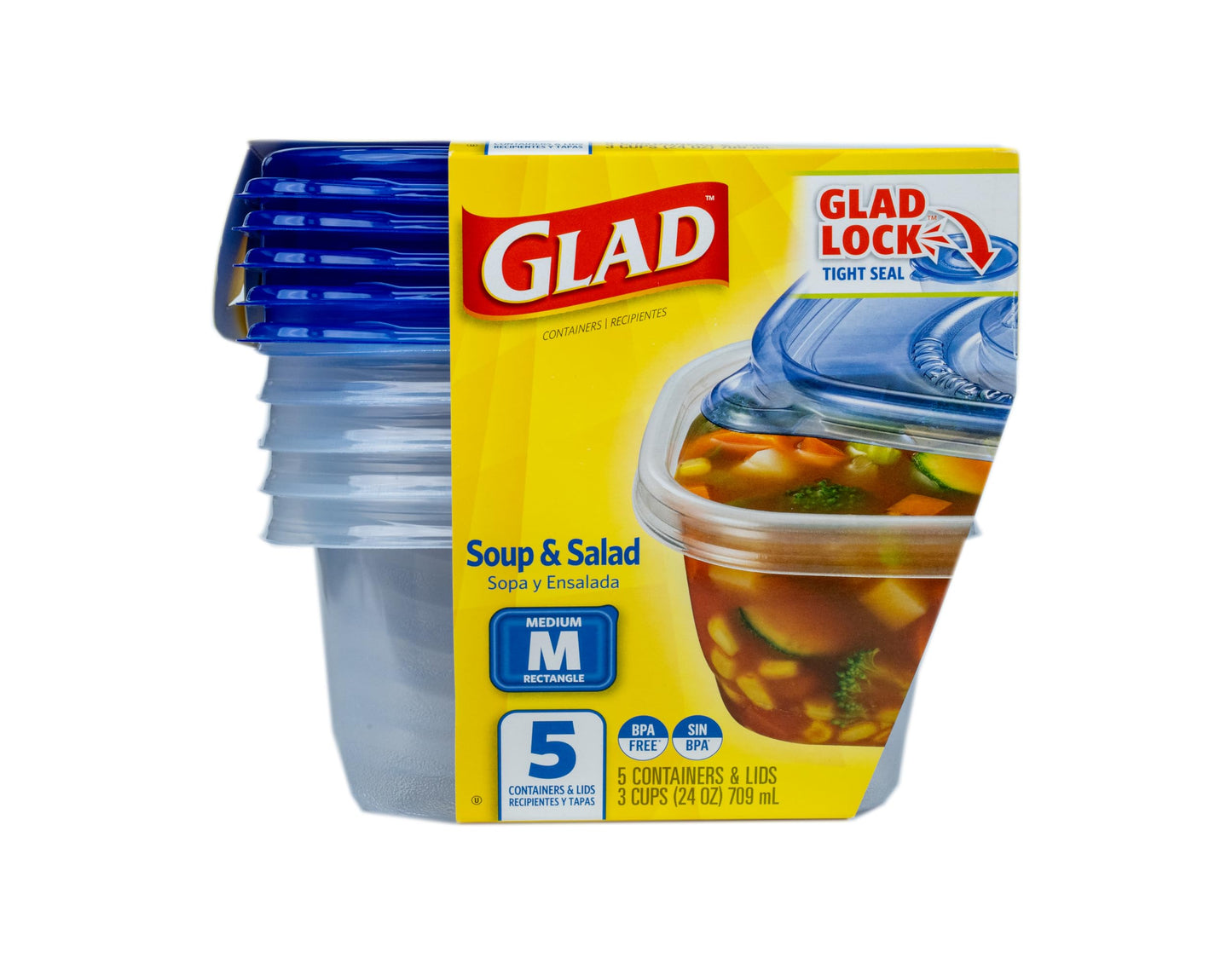 Glad GladWare Medium Rectangle Food Storage Containers with Lids, BPA Free Plastic for Soups Salads and Meal Prep, Airtight Leak Resistant, Microwave Dishwasher Freezer Safe, 24 Oz, 5 Count
