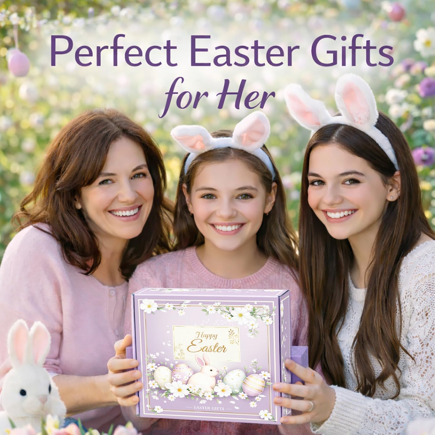 Larchio Easter Basket Stuffers for Women Teens Girls, Easter Gifts for Women with Bunny Tumbler Socks and Flower Hair Clips Spring Gifts for Wife Daughter Sister