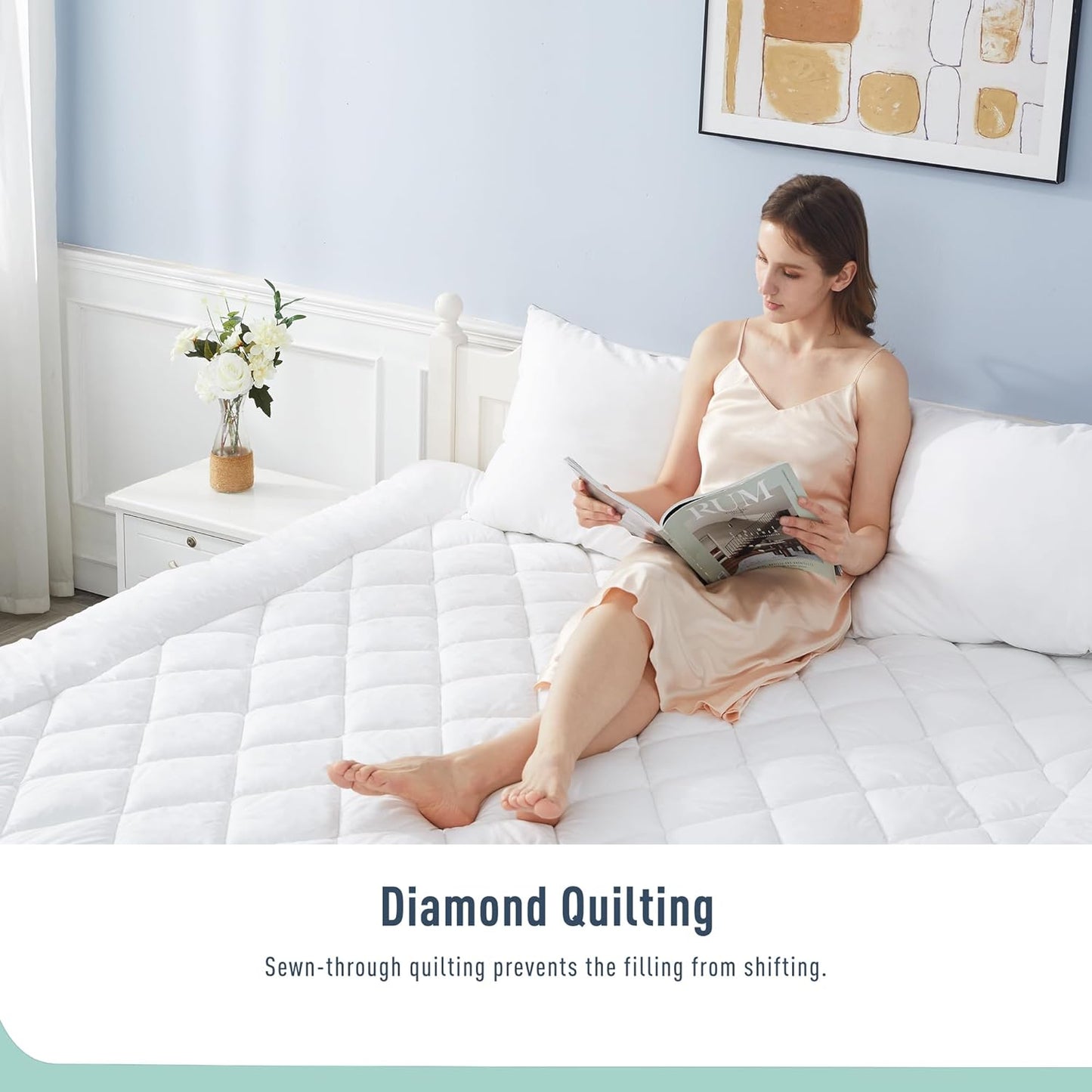 Skiennix Queen Mattress Pad - Quilted Cotton Cover with 18-22" Deep Pockets | Noiseless & Breathable