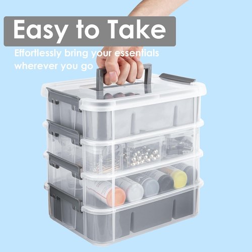 CraftGenes Grey & White Modern Plastic Storage Box - 4-Layer Durable Organizer with 2 Removable Trays for Crafts, Sewing & Office Supplies