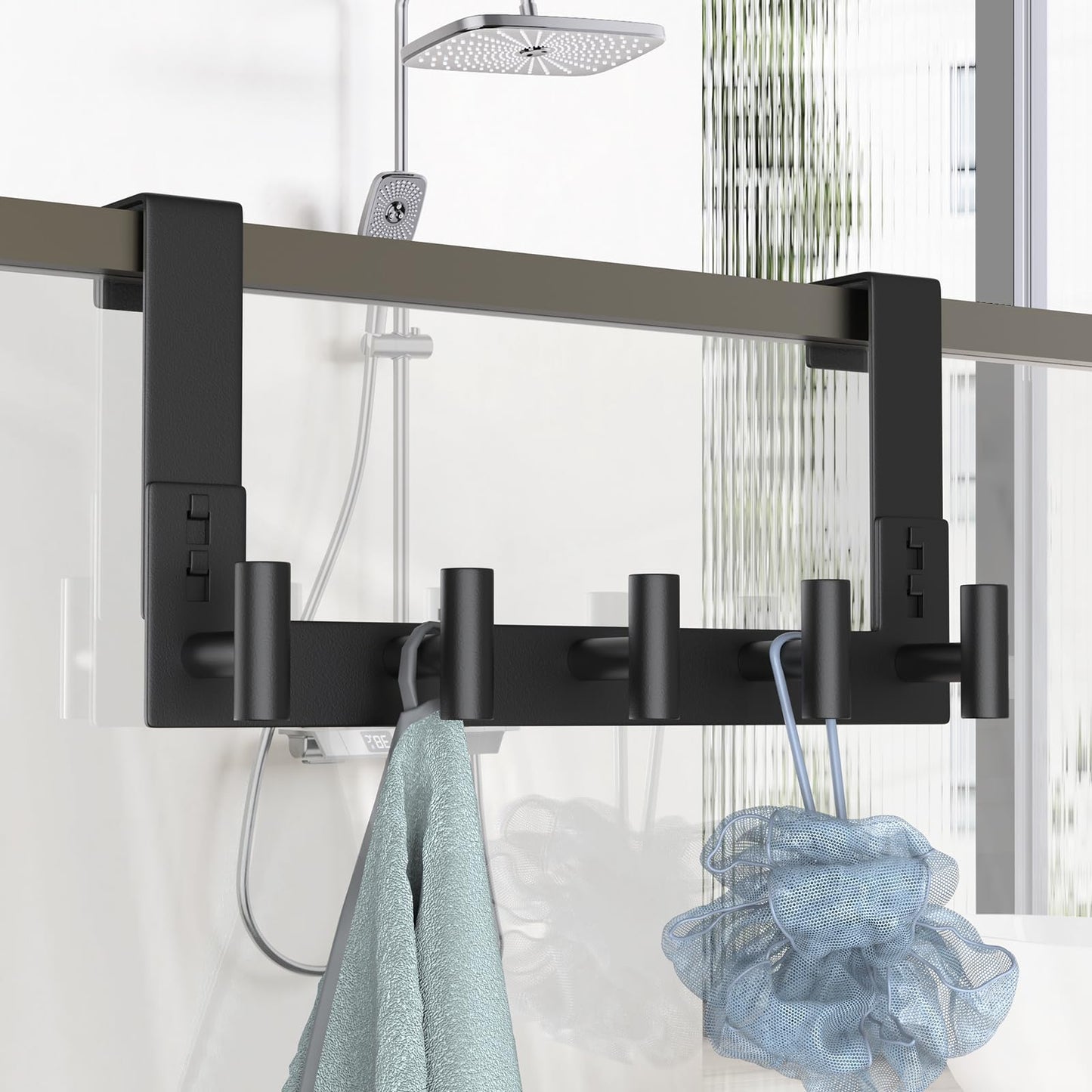 PMMASTO Over The Door Hooks, Door Hanger Hook for Hanging, Coat Rack Organizer for Bathroom, Towel Holder Bathroom Accessories (Black 5 T-Hooks-Fits 1-3/4" Thick Door)