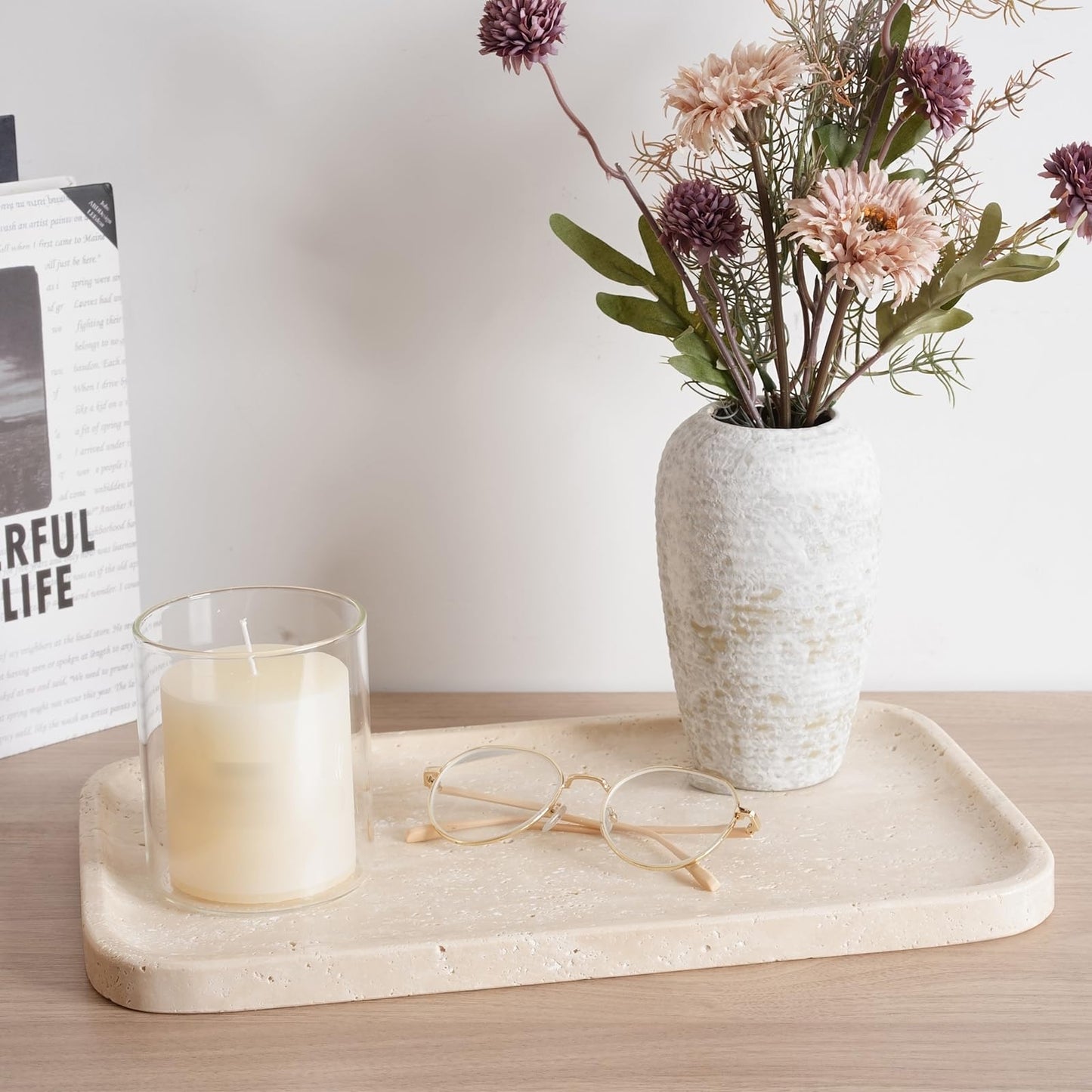 Travertine Vanity Tray, Stone Bathroom Tray for Countertop, Marble Decorative Dresser, Large Serving Trays for Kitchen Counter, Storage for Kitchen Sink, Perfume, Jewelry Holder