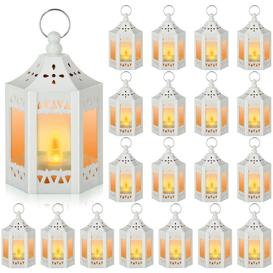 Hortsun 20 Pcs Mini Vintage Lantern Decorative Wedding Table Centerpiece LED Candles Lamp Battery Powered Hanging Tealight Lantern for Home Indoor Outdoor Party Decor(White)