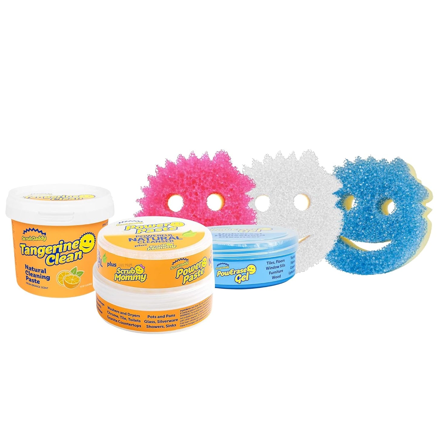 Scrub Daddy Sponges | Household Cleaning Supplies Bundle - PowerPaste, Tangerine Clean & PowErase Gel (3 Pastes & 3 Sponges)