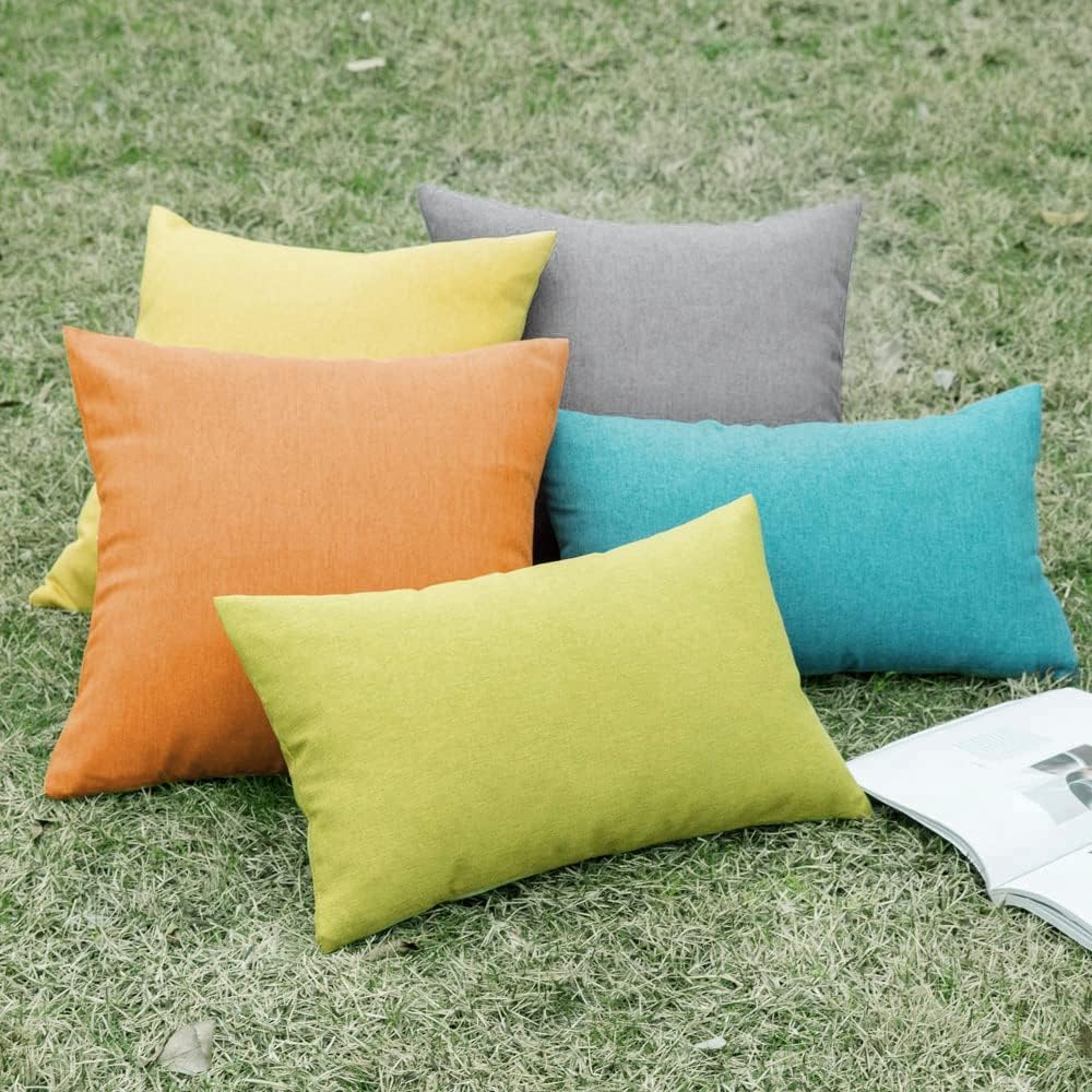 MIULEE Decorative Outdoor Throw Pillow Covers - Waterproof Faux Linen Cushion Cases | 20x12 Inch Green, Set of 2
