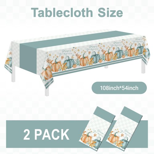 Childom 2 Pack Thanksgiving Tablecloths,Thanksgiving Decorations 54" x 108" Disposable Plastic Tablecloths,Blue Pumpkin Maple Table Covers for Rectangular Table,Home,Dinner,Party,Outdoor Picnic