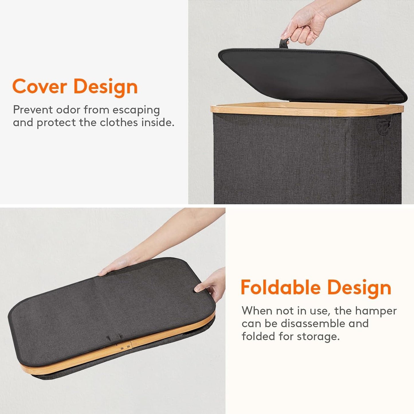 Lifewit 80L Laundry Basket - Foldable Hamper with Lid & Bamboo Handles | Dark Gray, Removable Bag