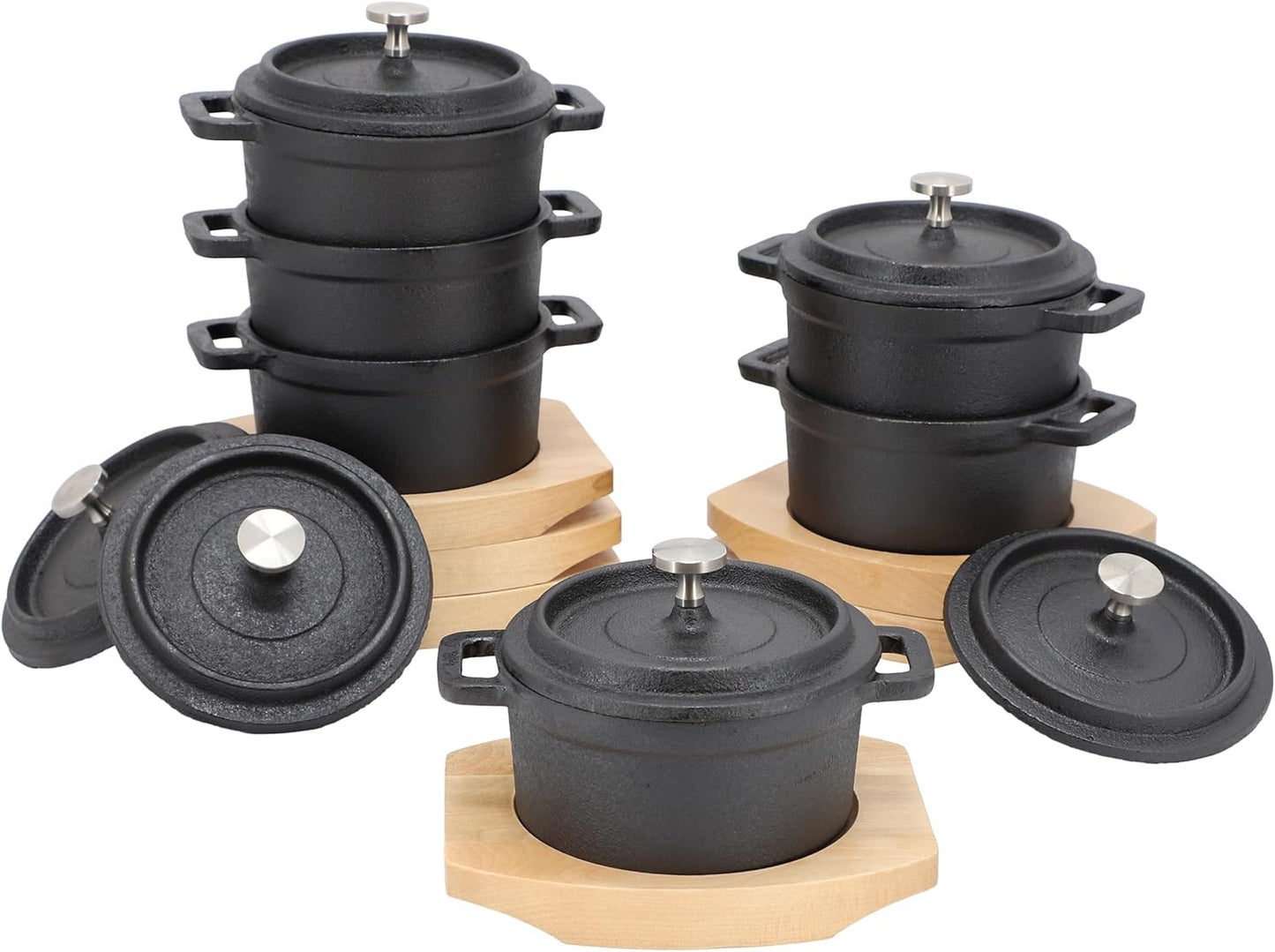 MegaChef Cast Iron Mini Dutch Oven - 8 Ounce Cookware with Wood Tray | Versatile Bakeware & Serveware Set