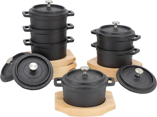 MegaChef Cast Iron Mini Dutch Oven - 8 Ounce Cookware with Wood Tray | Versatile Bakeware & Serveware Set