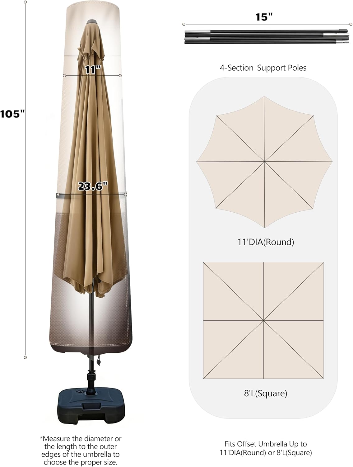 Vailge Patio Umbrella Cover - Waterproof & Windproof for 8-11 Ft Market Umbrellas | Includes Support Pole & Storage Bag