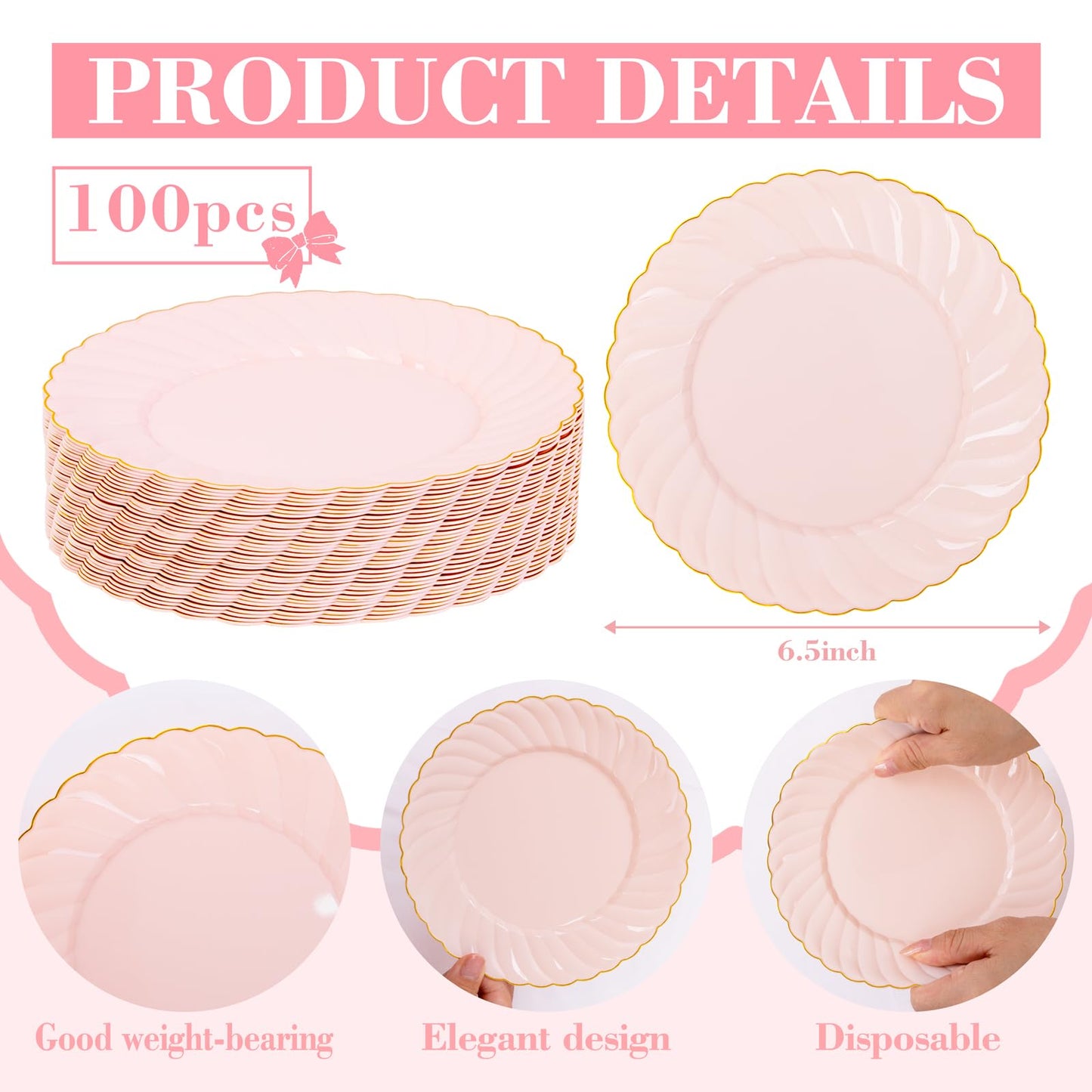 YOUBET 100 Pack Pink Scalloped Plastic Plates - 6.5 Inch Pink Disposable Plates - High End Elegant Vintage Dessert Plate for Party & Weeding & Birthday