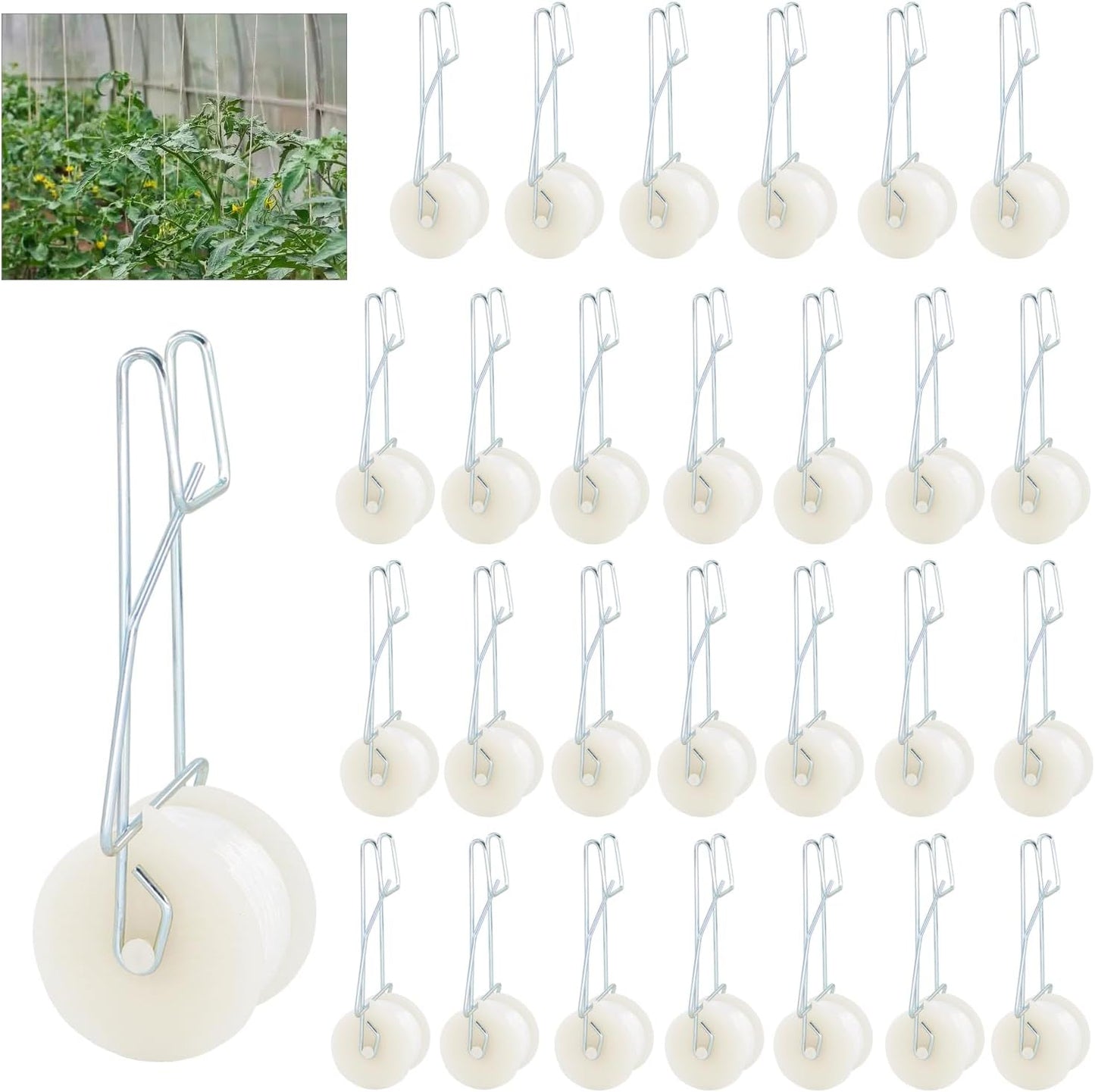 Skiennix 40 Pack Tomato Roller Hooks - Greenhouse Trellising Kit with 49.2FT String for Plants & Vines