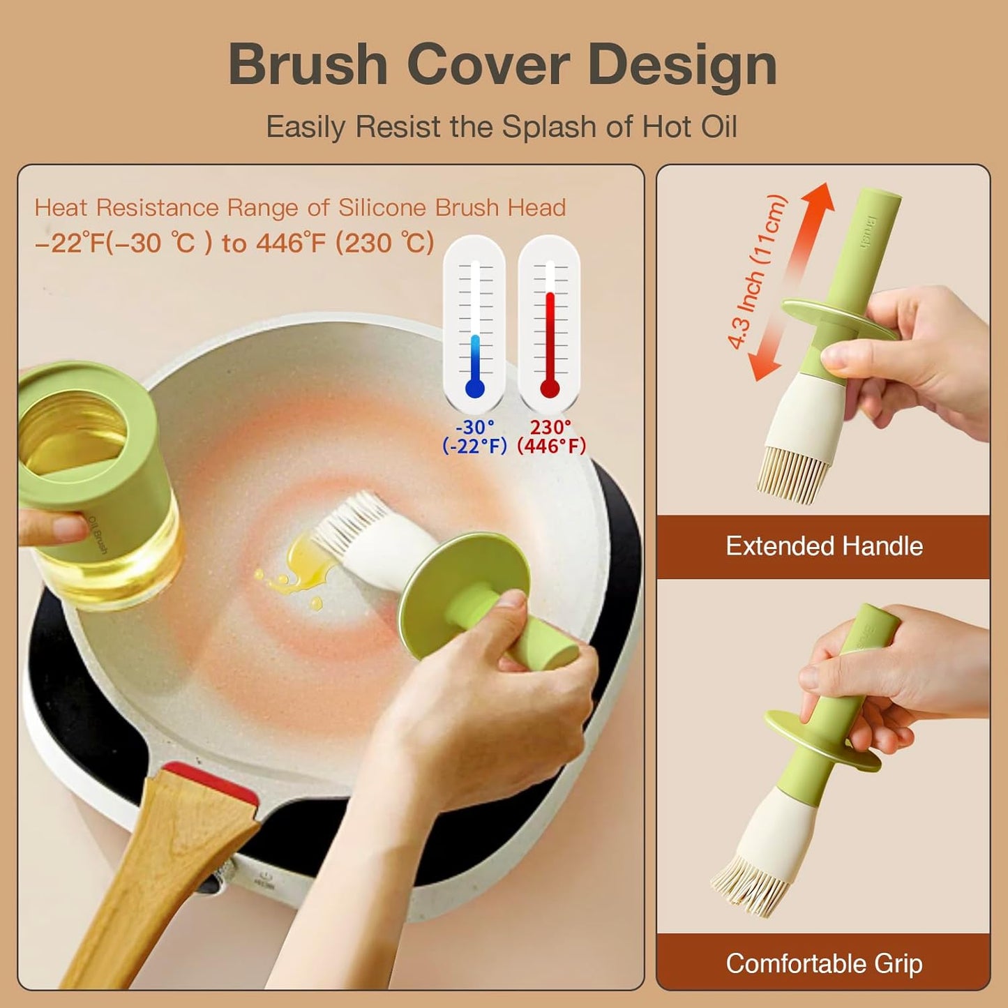 YARRAMATE Oil Dispenser with Brush - 300ml Glass Bottle for Kitchen | Heat Resistant Silicone Basting Brush - Green