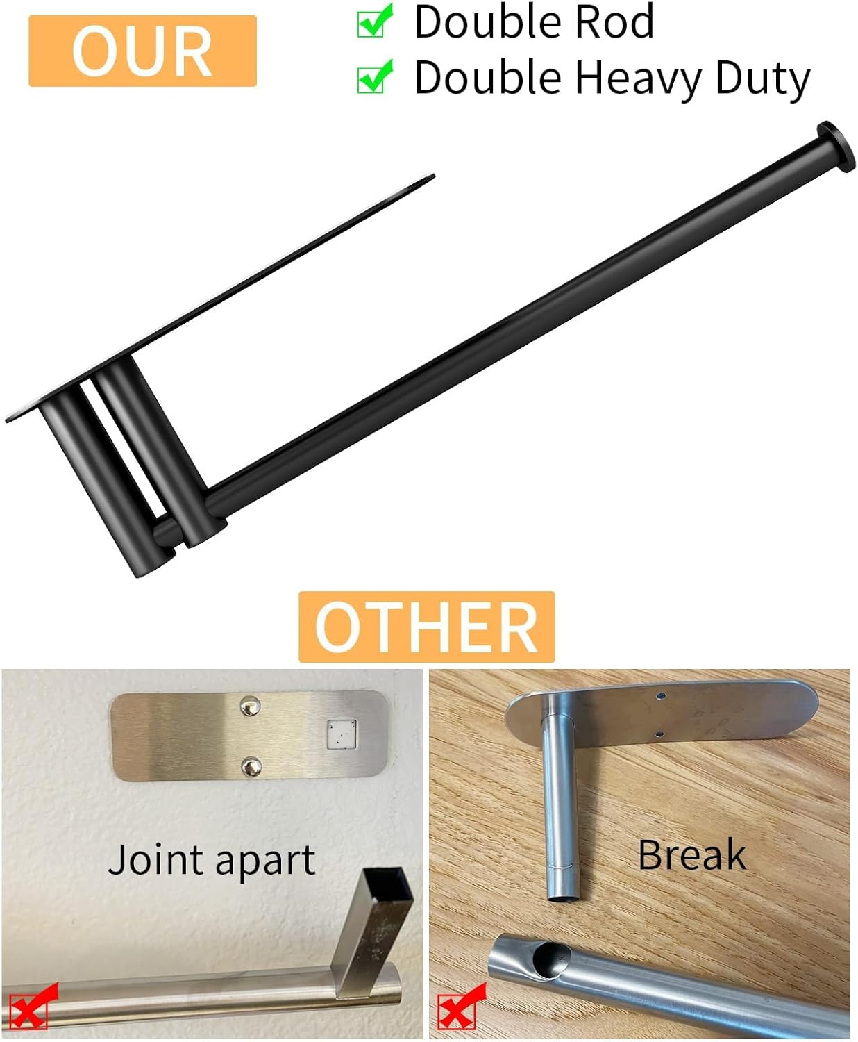 Skiennix Under Cabinet Paper Towel Holder - Heavy Duty Double Pole Design, Stainless Steel, Black