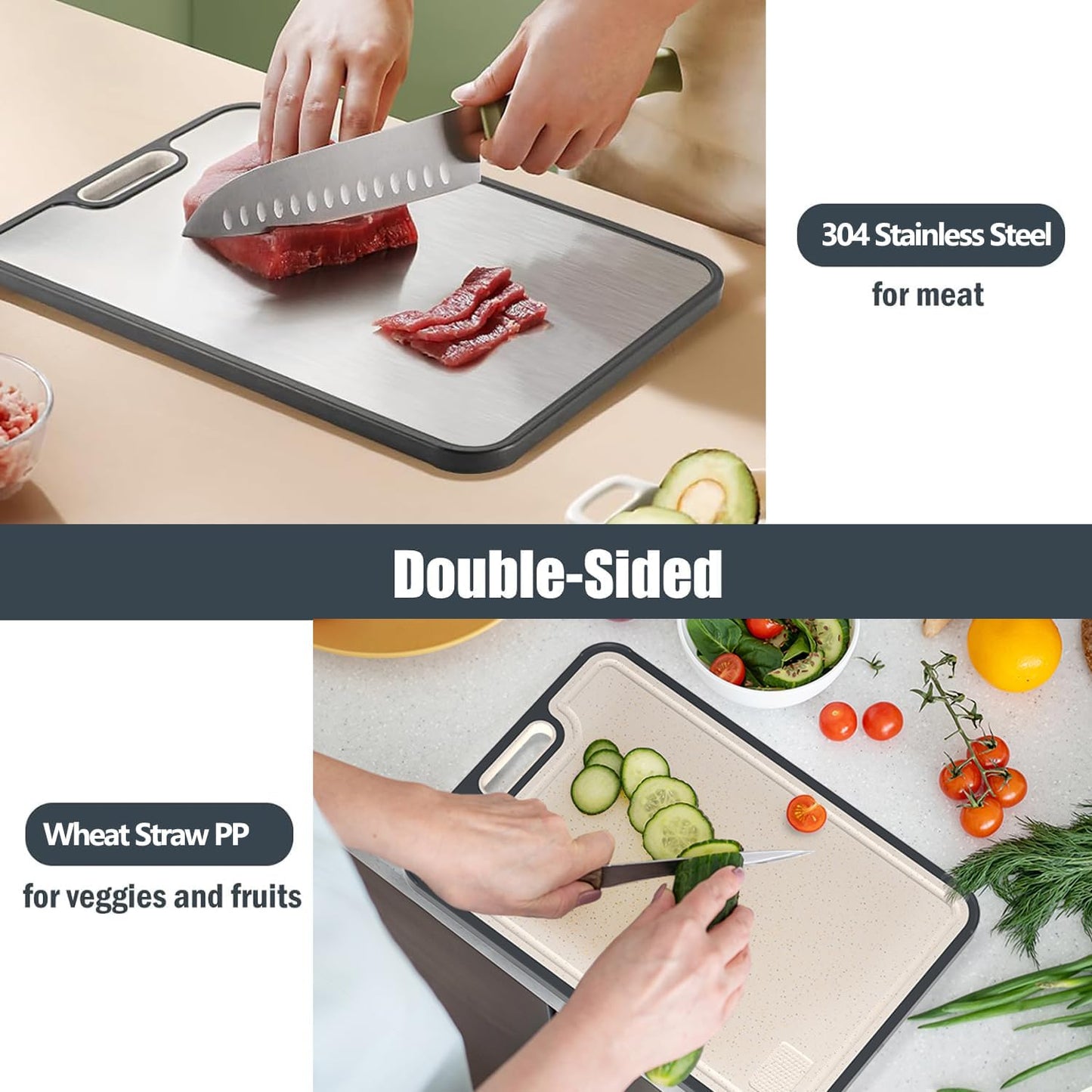 Stainless Steel Cutting Board - Double-Sided 304 Stainless & Wheat Straw | Non-Slip, Easy to Clean, Dishwasher Safe (16 x 11 In)