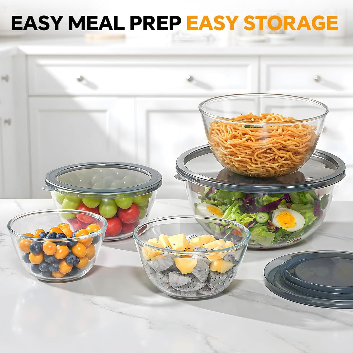 Skiennix Glass Mixing Bowls Set of 5 - Thick Nesting Bowls with Lids for Baking & Storage | Dishwasher & Microwave Safe