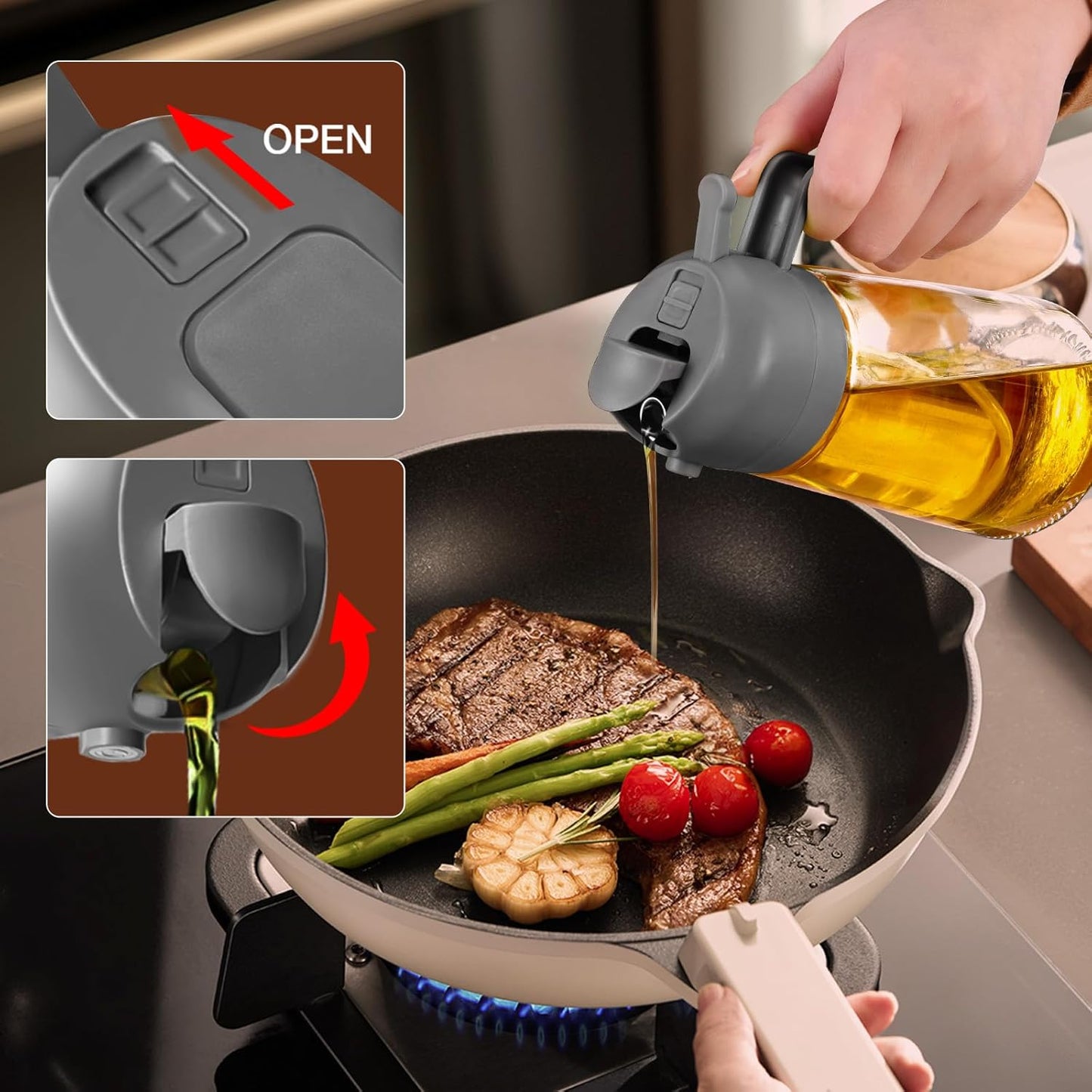 YARRAMATE 16oz Oil Sprayer - Food-Grade 2-in-1 Olive Oil Dispenser for Cooking & BBQ (Gray)