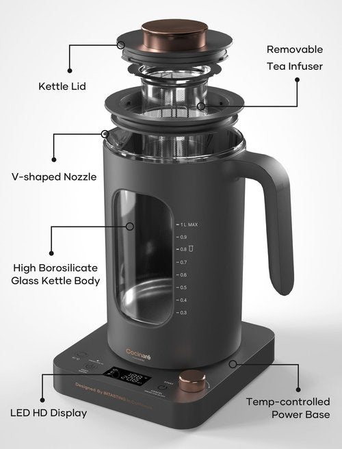 Electric Tea Kettle, INTASTING Glass Electric Kettle with tea Infuser and Precise knob temperature control, 1200W Fast Heating, BPA-Free, Easy to Clean, 1 Liter (Cream White)