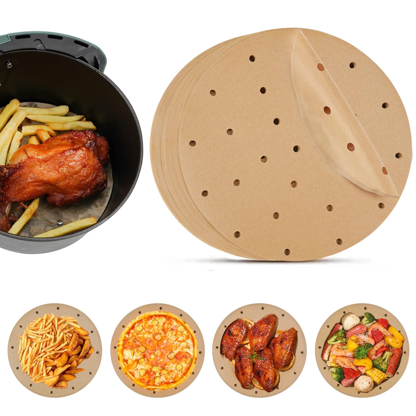 Vailnd Air Fryer Parchment Paper, 50pcs Disposable Air Fryer Liners Round, 8.5In Unbleached Parchment Paper Sheets, Perforated Food Steamer Liner for Baking Cooking