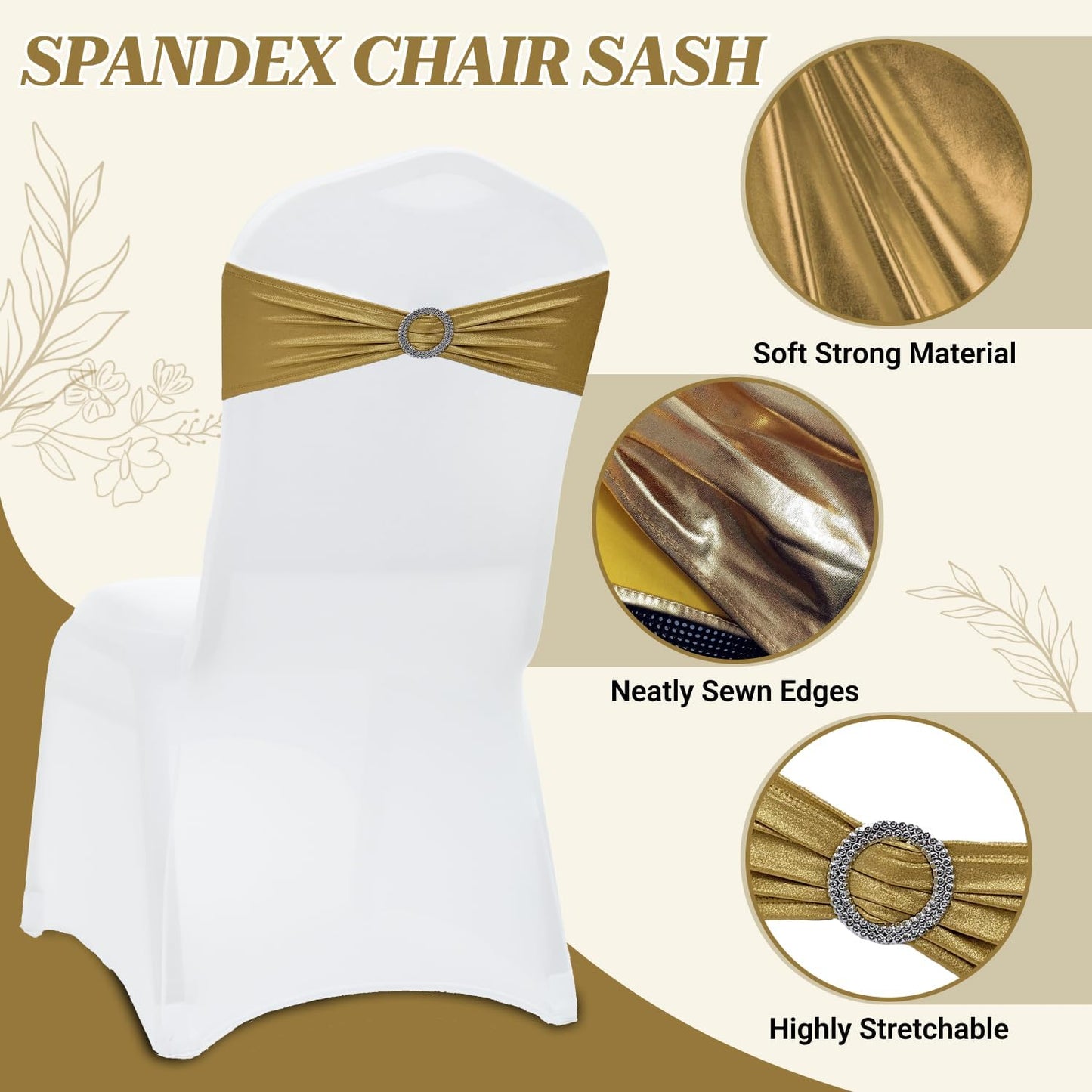 MDS Spandex Foil Chair Sashes - Universal Elastic Stretch Bands with Buckle for Weddings | Metallic Gold, Pack of 100