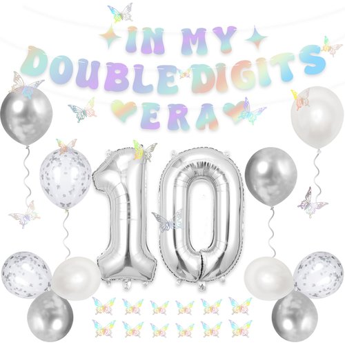 Holkcog 10th Birthday Decorations Silver, In My Double Digits Era Banner, Happy 10th Birthday Decorations for Girls Boys Double Digits Party Supplies Silver Number 10 Balloon Butterfly 10 Party