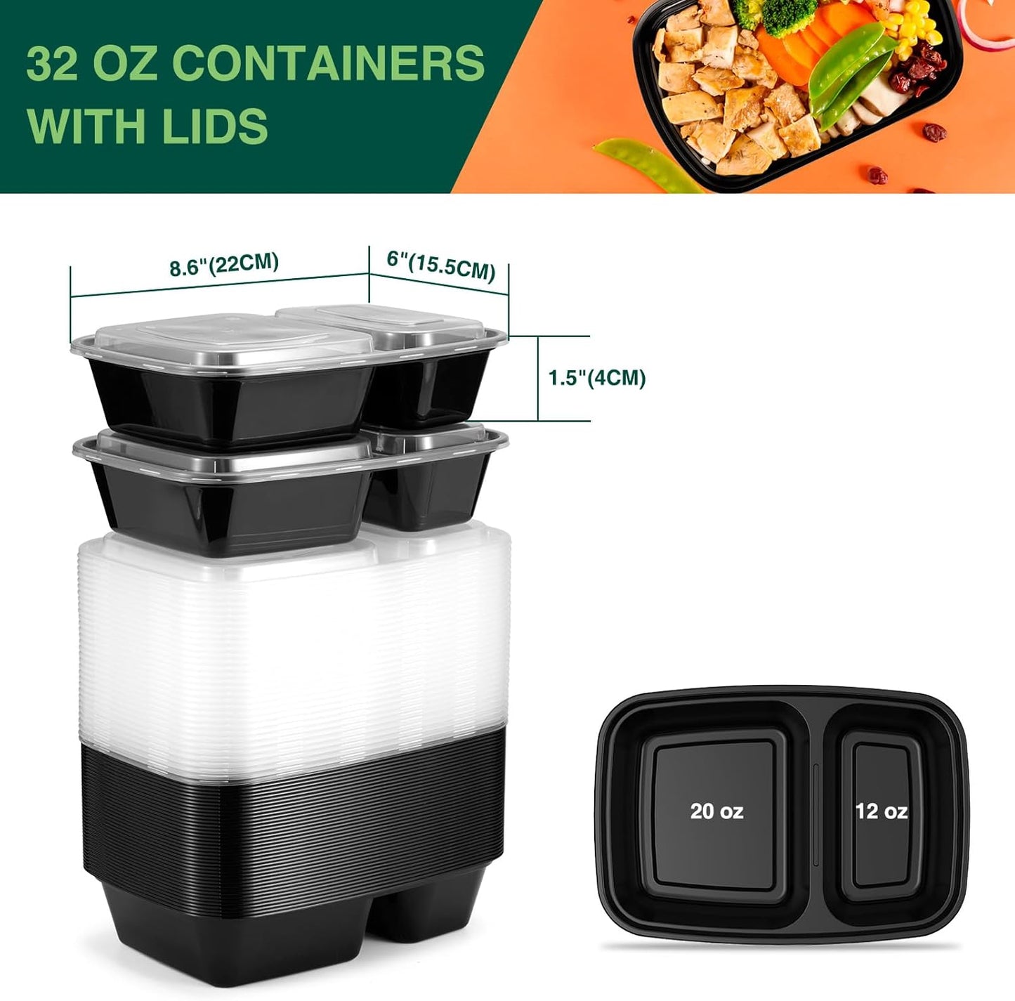 Regine Switzerland 32 oz Meal Prep Containers - 50 Pack Leakproof 2-Compartment Plastic Storage | Microwave & Dishwasher Safe