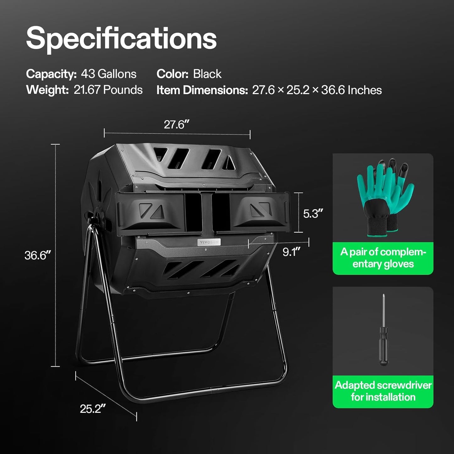 VIVOSUN Outdoor Compost Bin - Dual Rotating 43 Gallon Tumbling Composter with Black Door