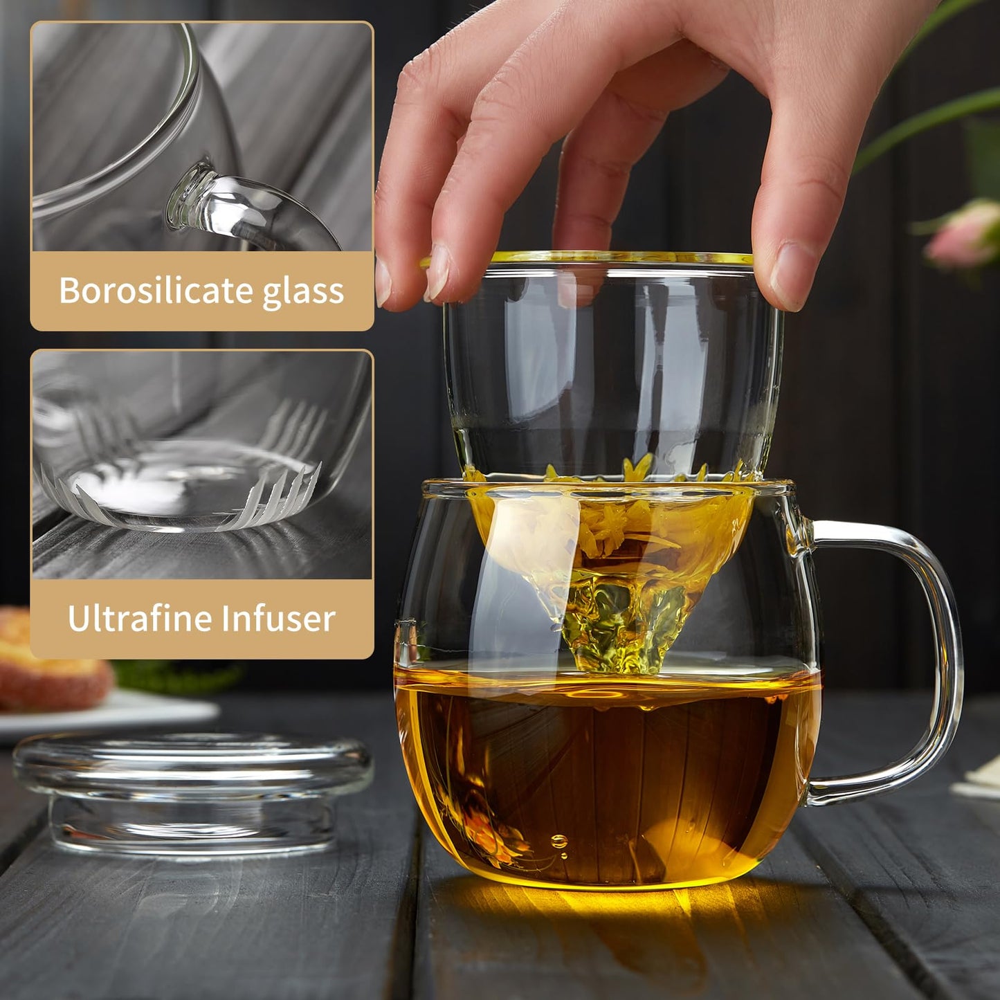 DOPUDO Glass Tea Cup with Infuser and Lid, 17oz/500ml Large Borosilicate Teacup for Loose Leaf Tea, Blooming Tea