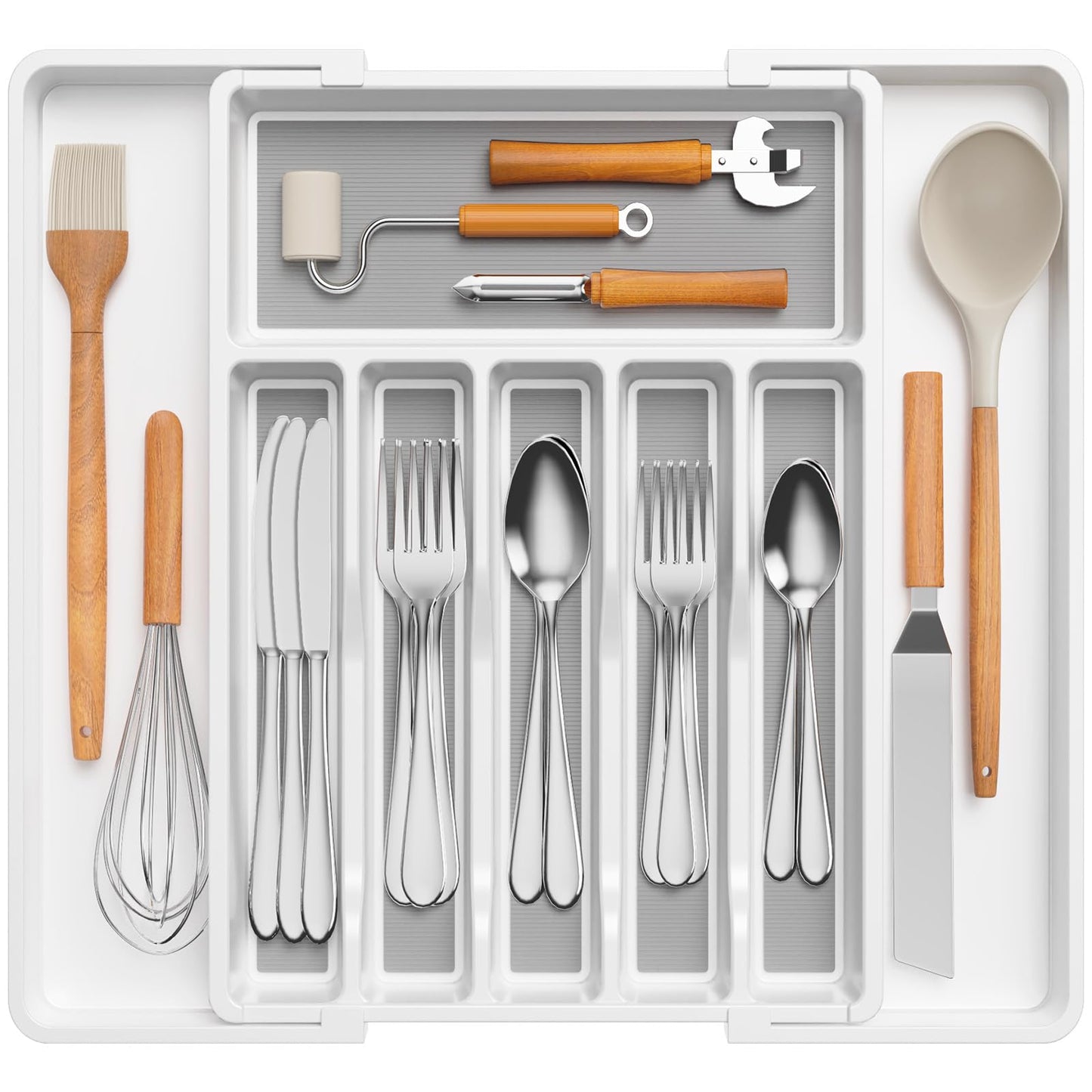 Lifewit Silverware Drawer Organizer, Expandable Utensil Tray for Kitchen, BPA Free Flatware and Cutlery Holder, Adjustable Plastic Storage for Spoons Forks Knives, 33 -57 x 42cm, White and Gray