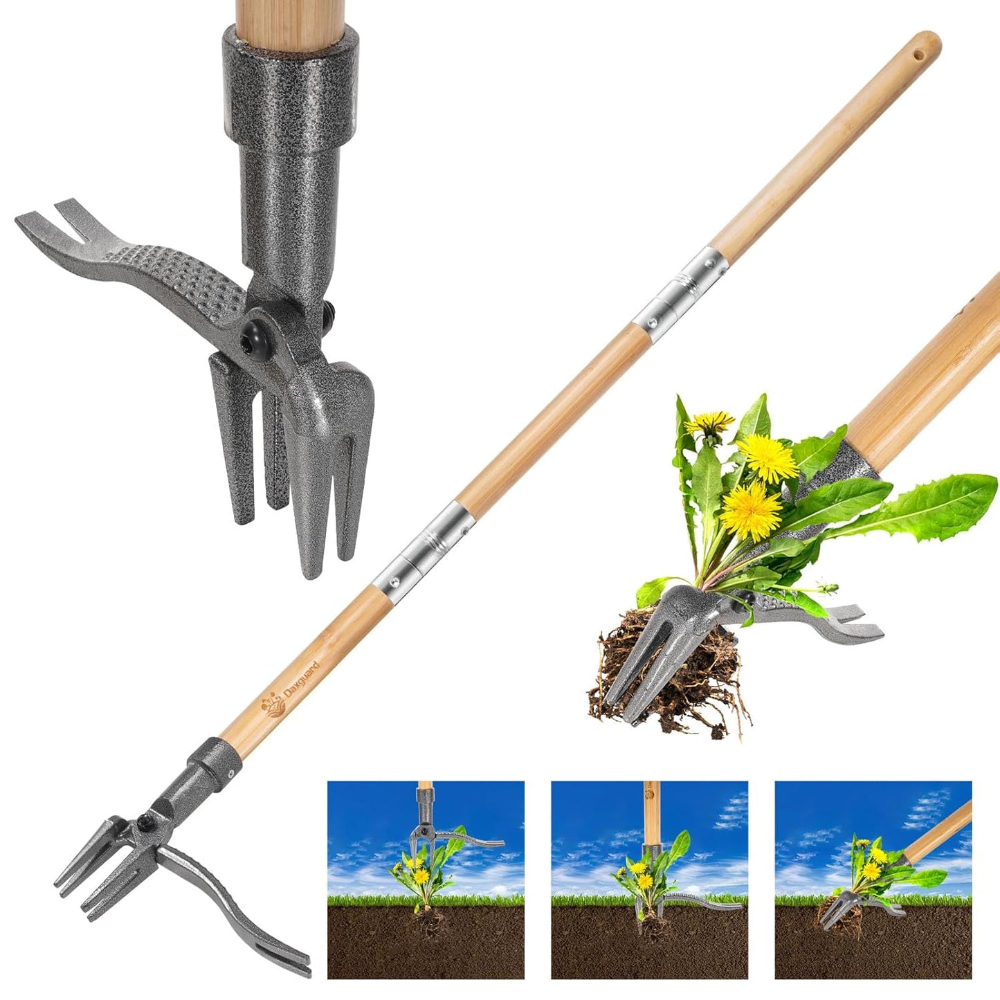 Stand Up Weed Puller by [Brand Name] - Adjustable 44-31.5" Bamboo Handle with Heavy-Duty 4-Claw Steel Head | No Bending Required for Effortless Weeding