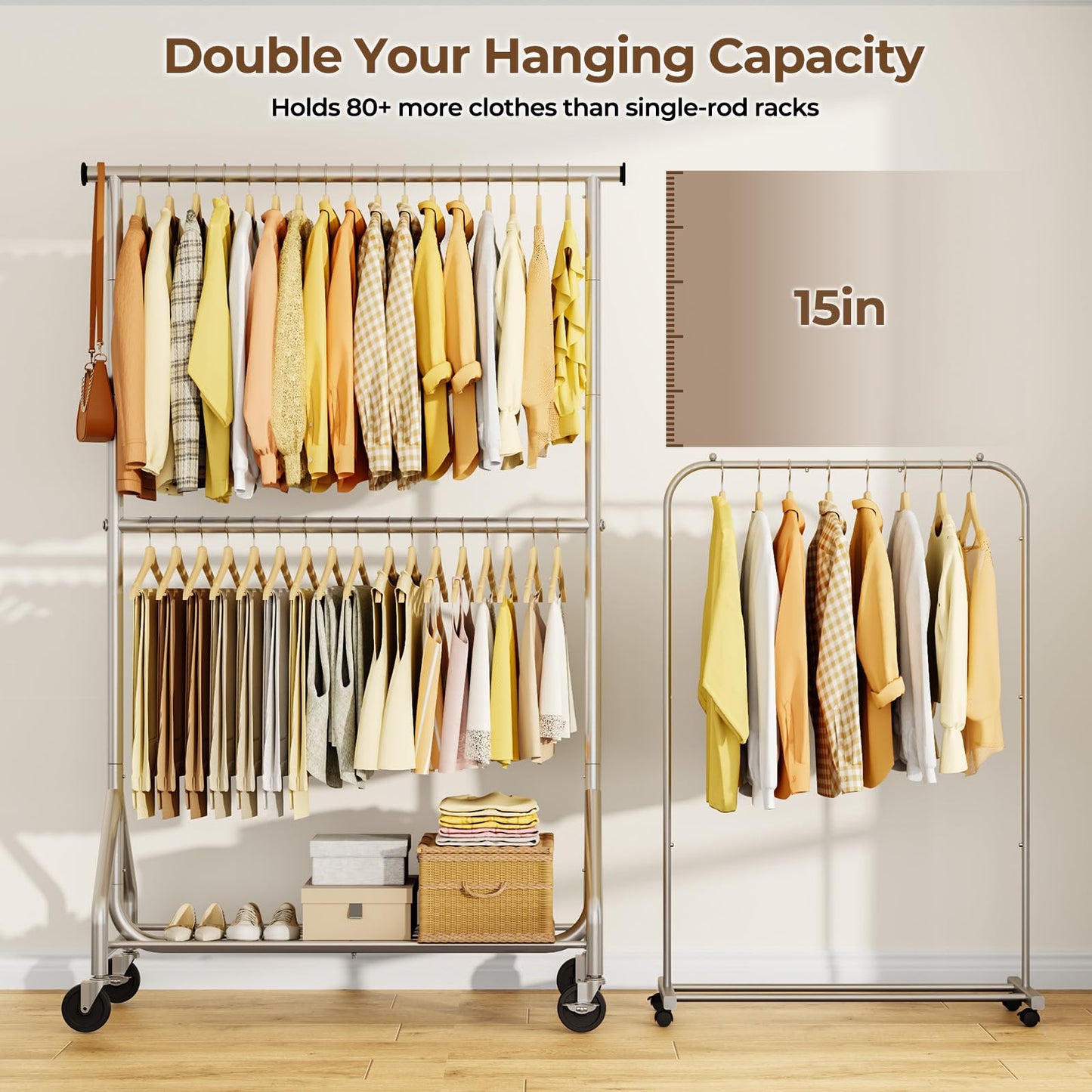HYSEYY Heavy Duty Clothes Rack, Double Rod Clothing Rack for Hanging Clothes, Rolling Garment Rack, Adjustable Freestanding Wardrobe Closet Coat Rack for Bedroom Laundry Living Room, Silver