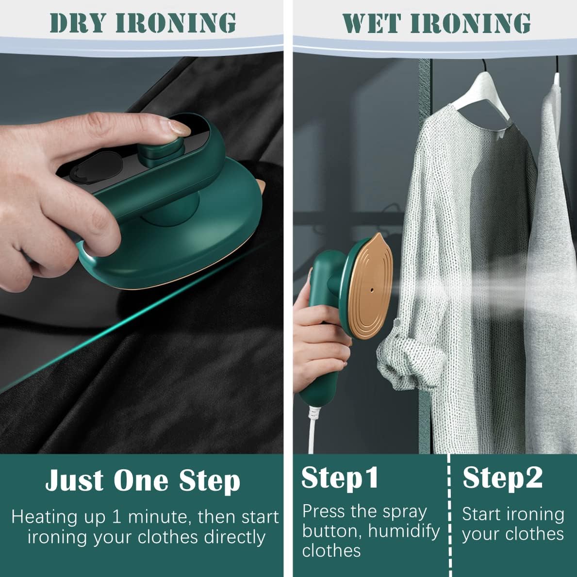 Skiennix Mini Travel Iron - Portable Iron for Clothes | Perfect for Dry & Wet Ironing - Green