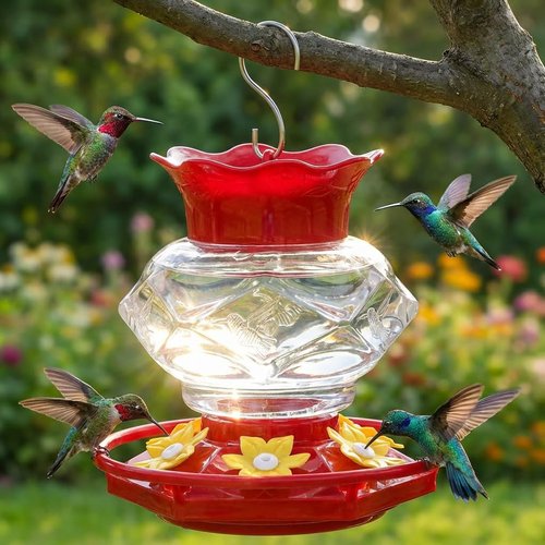 Fchstaer Hummingbird Feeder - 18oz Outdoor Hanging Design with 6 Feeding Ports & Ant Moat | Perfect Garden Decor Gift