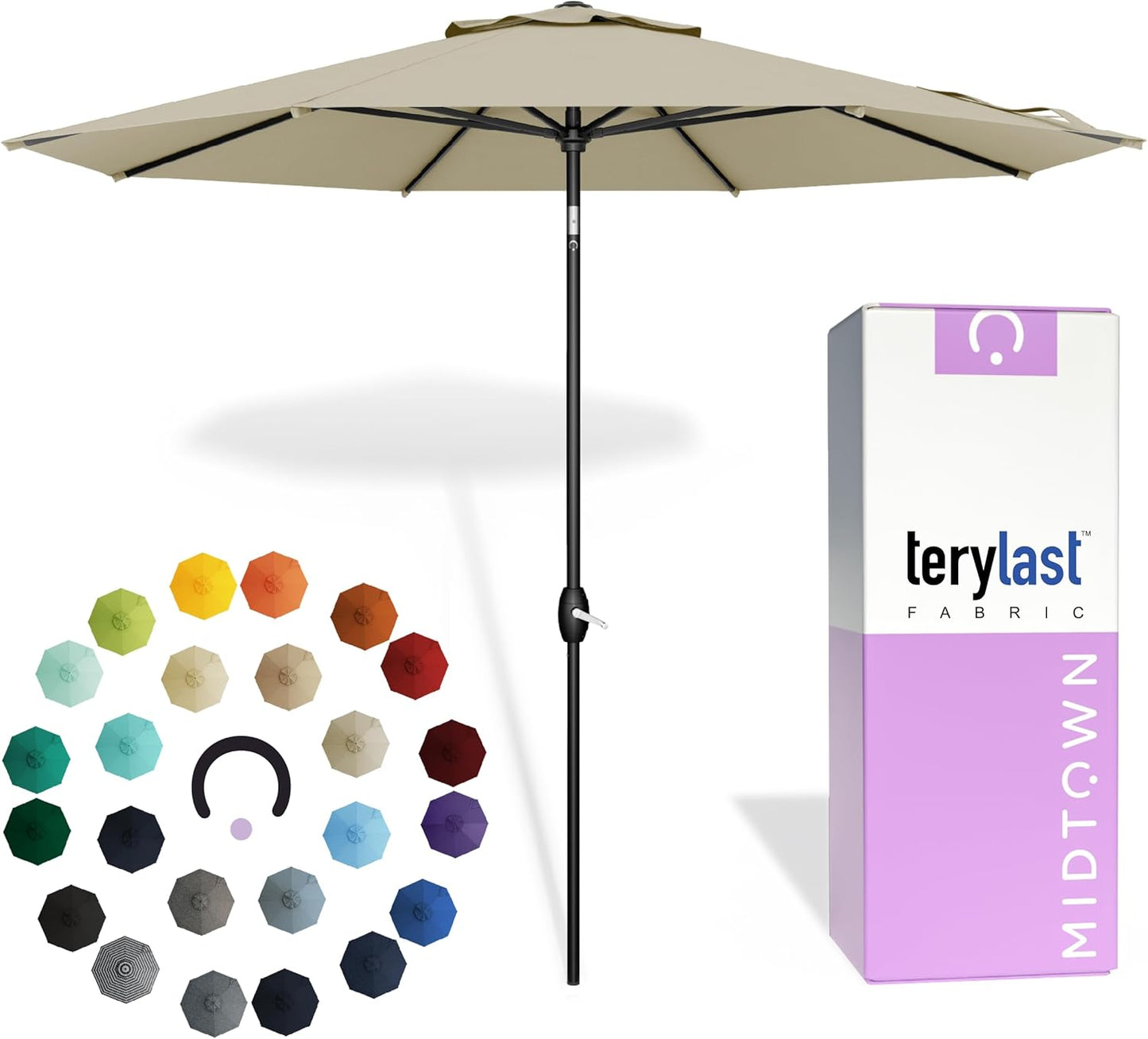 Midtown Umbrellas 9 Ft Patio Umbrella - 10-Year No-Fade Terylast Fabric, Auto-Tilt Frame | Chestnut Beige Canopy, Black Pole