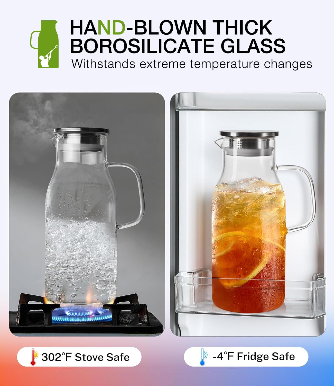 LUNA&MANTHA Glass Pitcher, 2 Liter 68oz Water Pitcher with Lid and Spout, Large Ice Tea Jug for Fridge, Thick Drink Jug with Handle for Juice, Coffee, Borosilicate Glass Carafe Hot/Cold Beverage