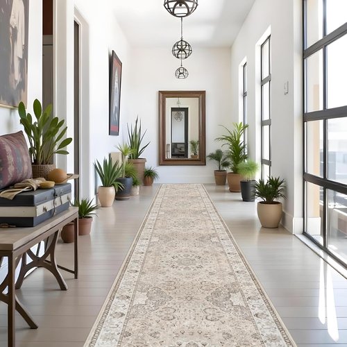 Hallway Washable Runner Rug - Vintage Soft Non-Slip Indoor Carpet | 3x16 Beige for Kitchen & Entryway