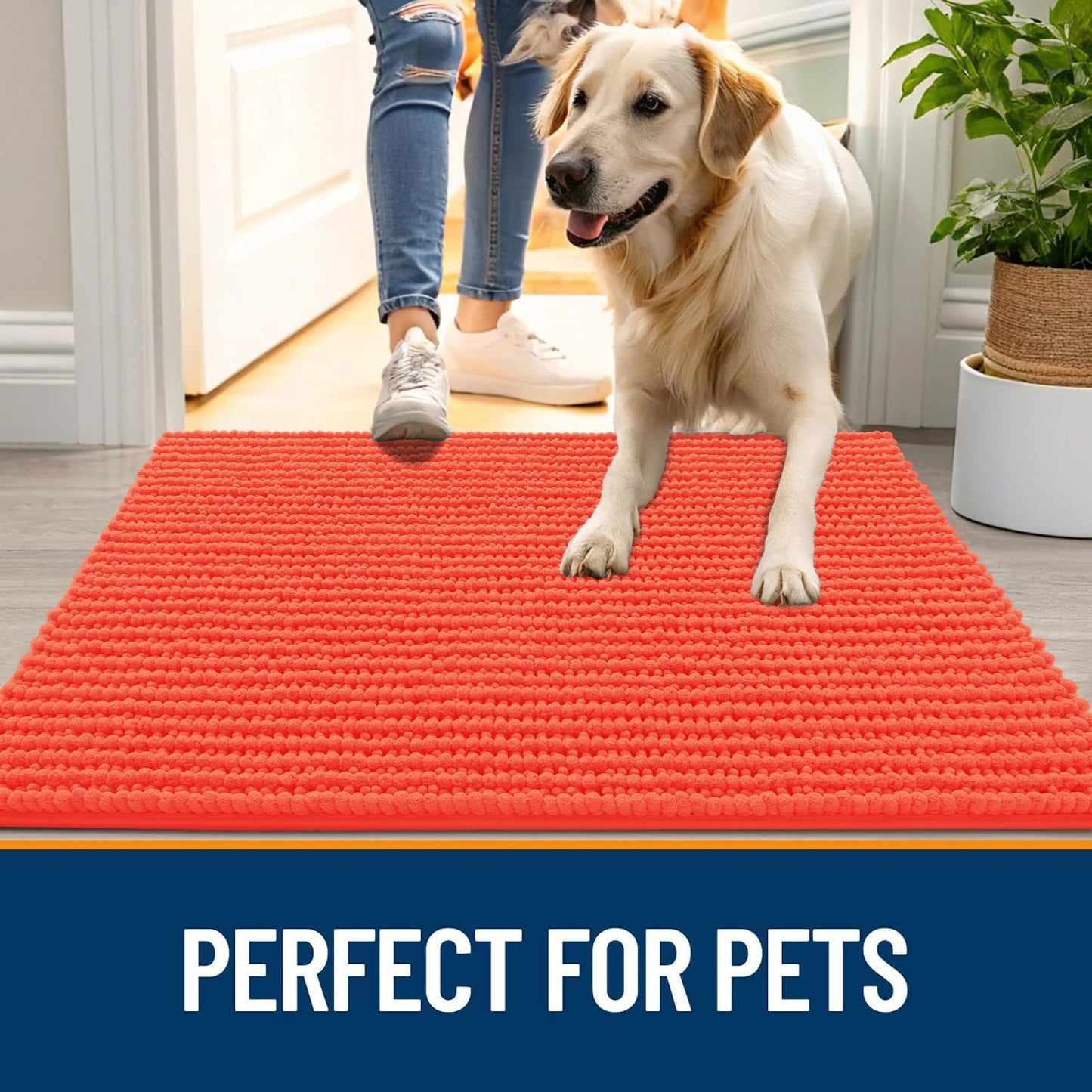 OLANLY Dog Door Mat - Ultra Absorbent Chenille Mud Doormat, Non-Slip & Washable, 36x24, Coral