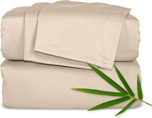 Pure Bamboo Twin Sheets - Luxuriously Soft & Cooling 100% Organic Viscose Bed Sheet Set | Almond Color, Double Stitching
