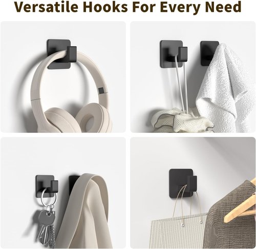 GWAAZXGZ Square Self-Adhesive Towel Hooks - 4 Pack Matte Black Metal for Organizing Towels, Robes & Hats | Right-Angle Design for Smooth Surfaces