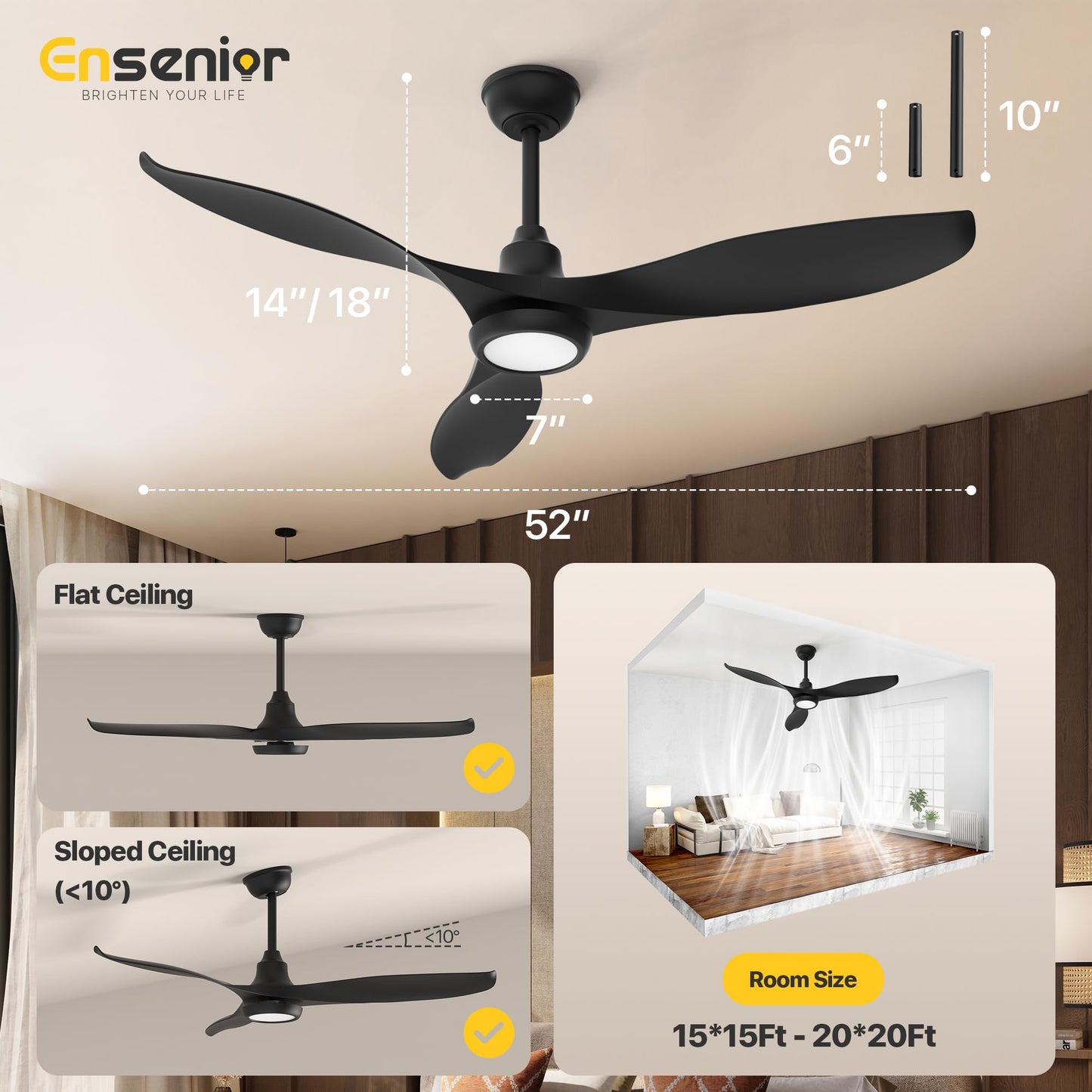Ensenior 52 Inch Smart Ceiling Fans with Lights and Remote, Control via Alexa Google Voice App, 3000K-6000K Dimmable LED 6-Speed Reversible DC Motor Black Ceiling Fan for Bedroom Living Room, 3 Blades