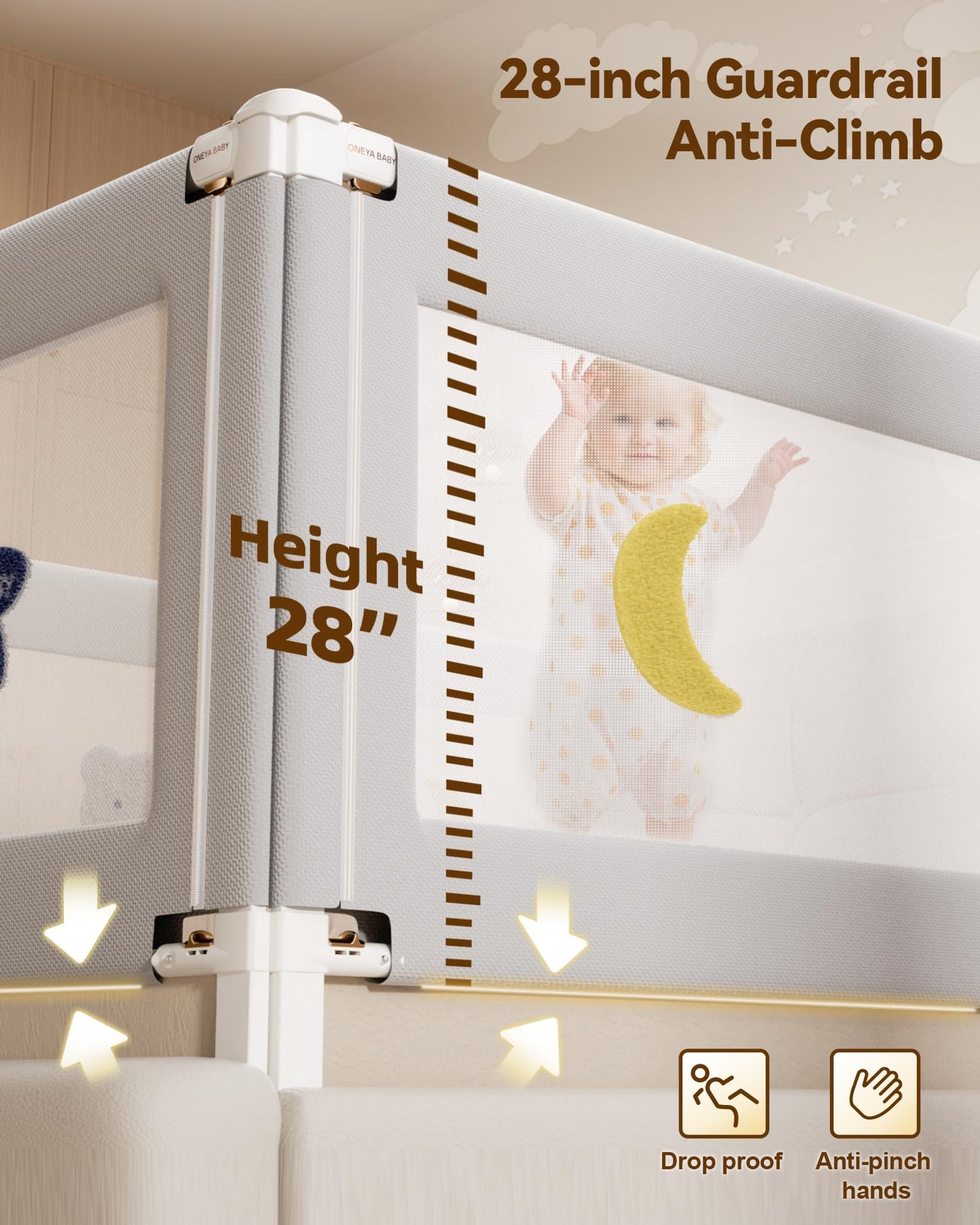 Baby Bed Rail Guard for Toddlers, Reinforced 74.8in Toddler Bed Rails for Twin, Full, King Bed with Height Adjustable, Extral Tall Child Safety Side Railing Guards/Bedrail for Kids, Grey Star, 1 Side