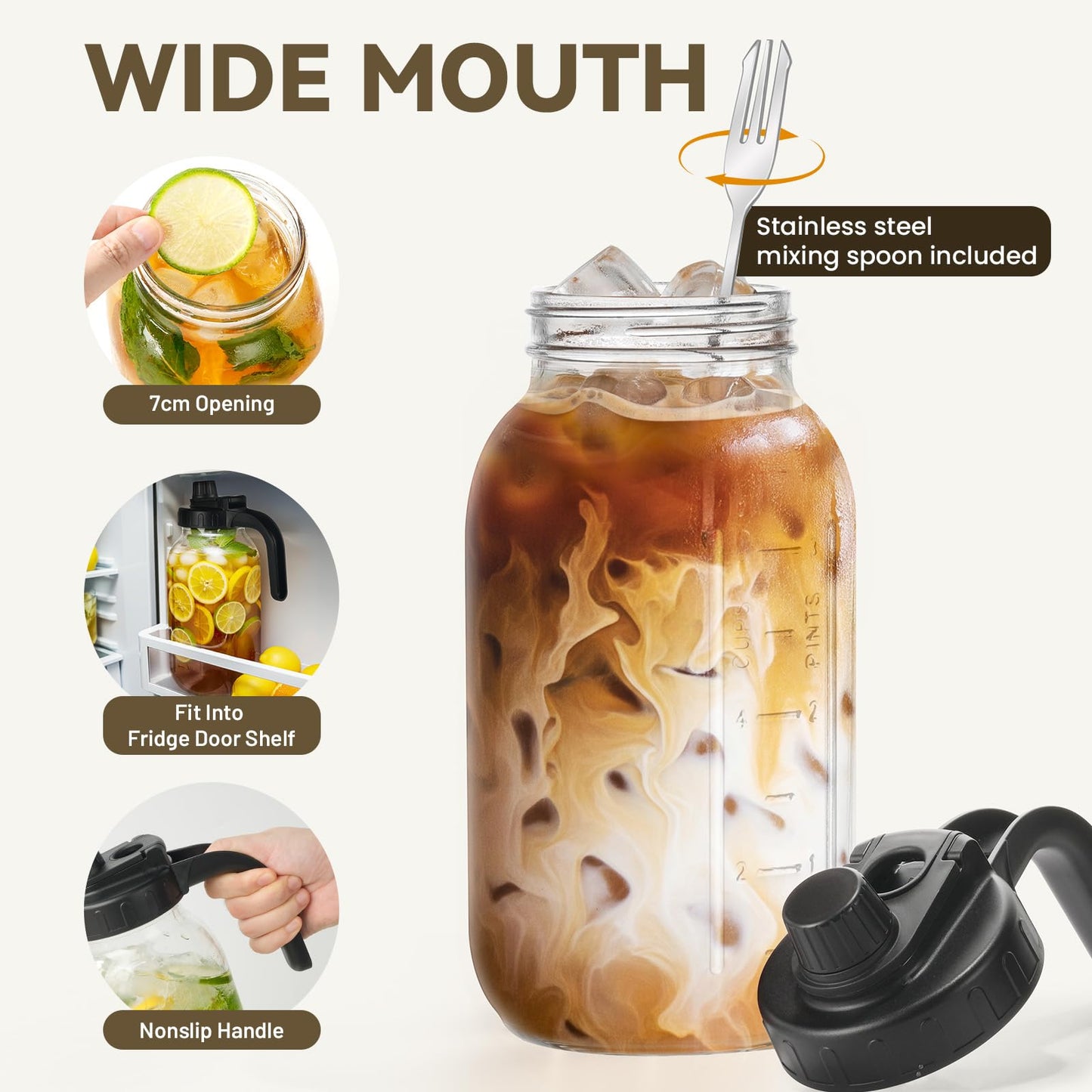 2 Pack Mason Jar Pitcher - Airtight & Leakproof Glass Pitcher with Lid, Perfect for Juice, Cold Brew, and Sun Tea - 2 Quart (64 oz) Mason Jar with Pour Spout Lid + Mixing Spoon, Brush, Labels
