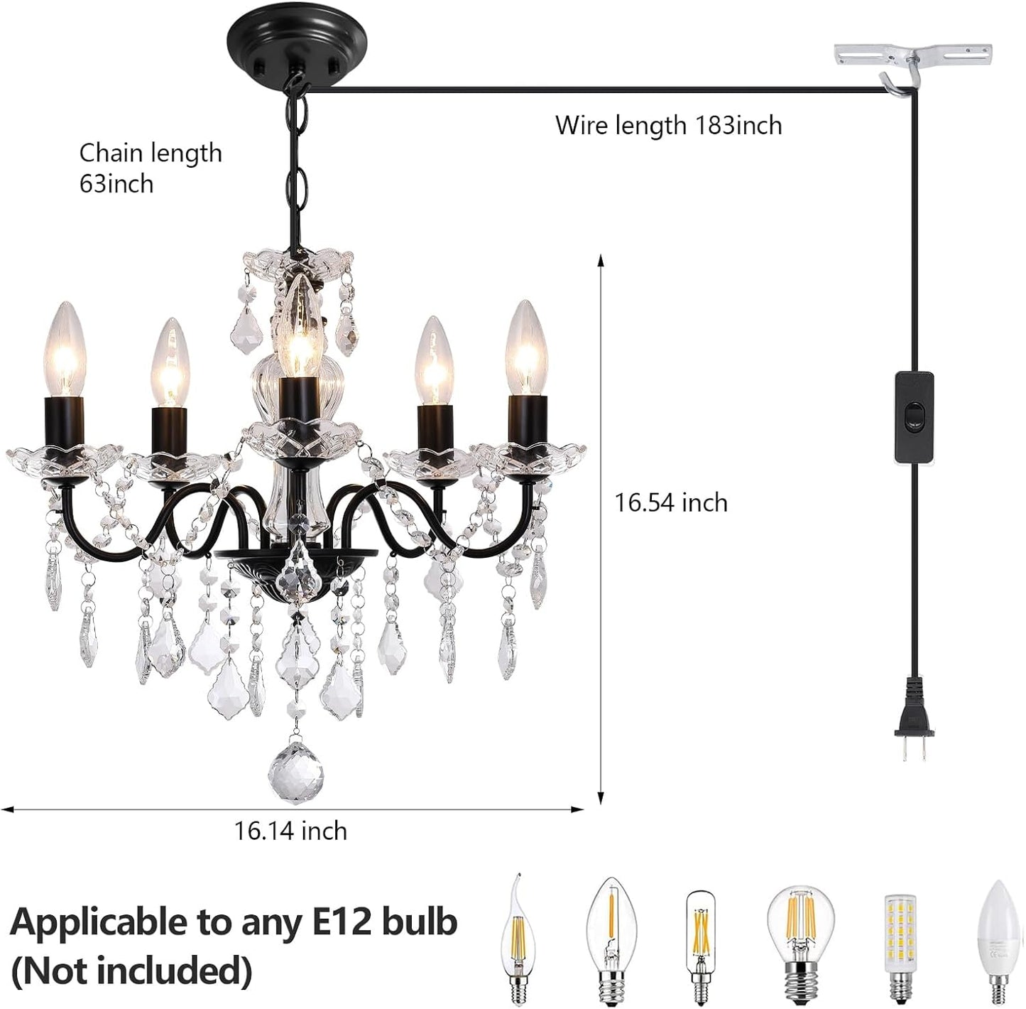Plug in Modern 3-Light Gold Chandelier with Glass Crystals, Candle Style Pendant Light Fixtures for Living Room, Girls Room, Kitchen Island, Entryway