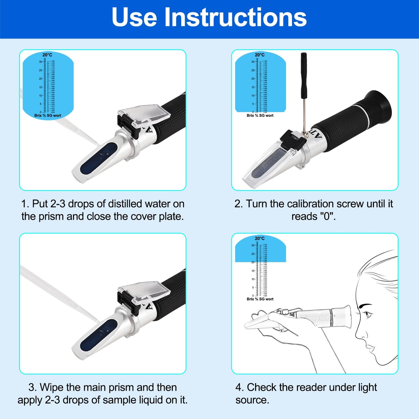 Portable Brix Refractometer with ATC, Accurate Dual Scale Brix Meter Specific Gravity SG Wort 1.000-1.130 & Brix 0-32%, High Precision Sugar Level Tester in Wine Making, Beer Brewing, Home Brew Kit